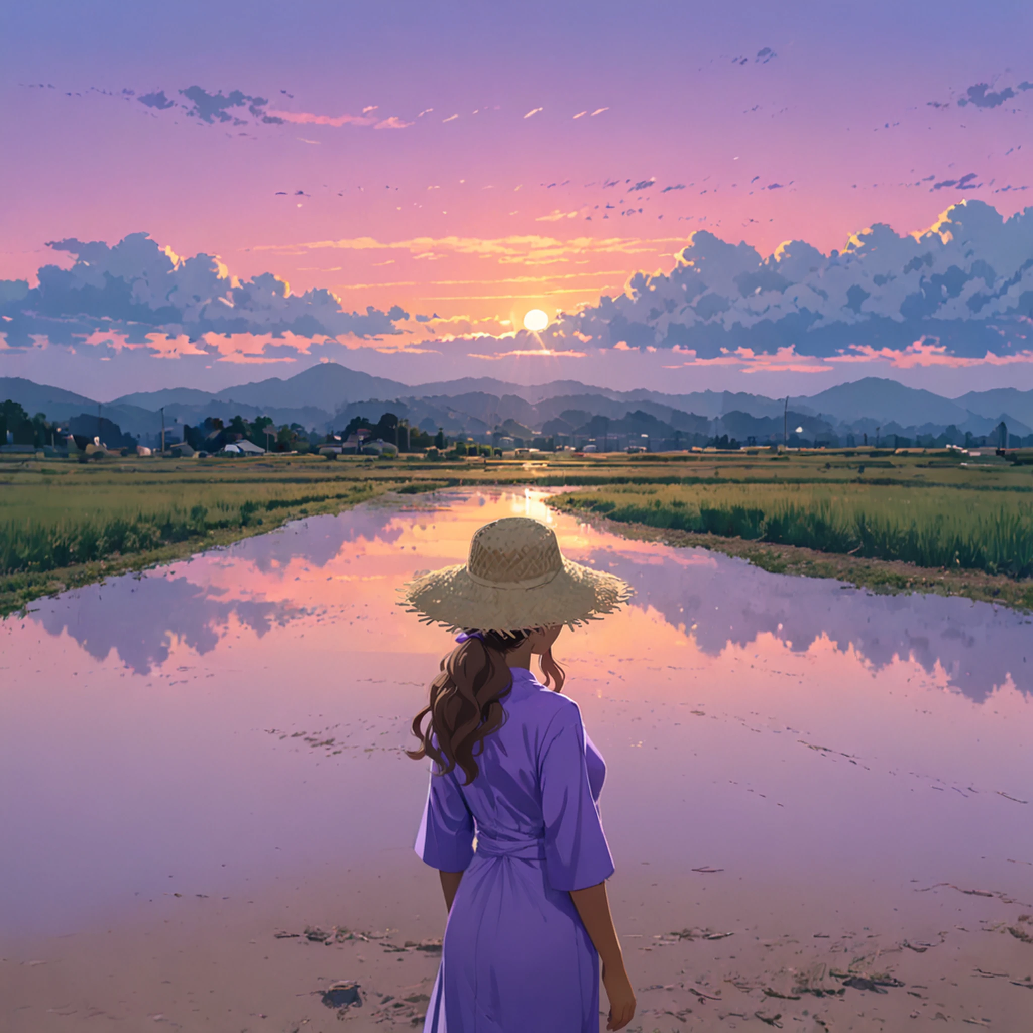 realistic,8k,detailed,summer,reflection,scenery,flat color,limited palette, 
girl,standing,upper body,close up,forhead,brown hair, long hair,low ponytail, tanned skin,straw hat,blue Ao dai
sunset sky,shadow,huge cloud,violet background,
<lora:Rice_field_r2:0.8>,<lora:Vivid:0.8>,best quality, masterpiece,<lora:hand 4:1>