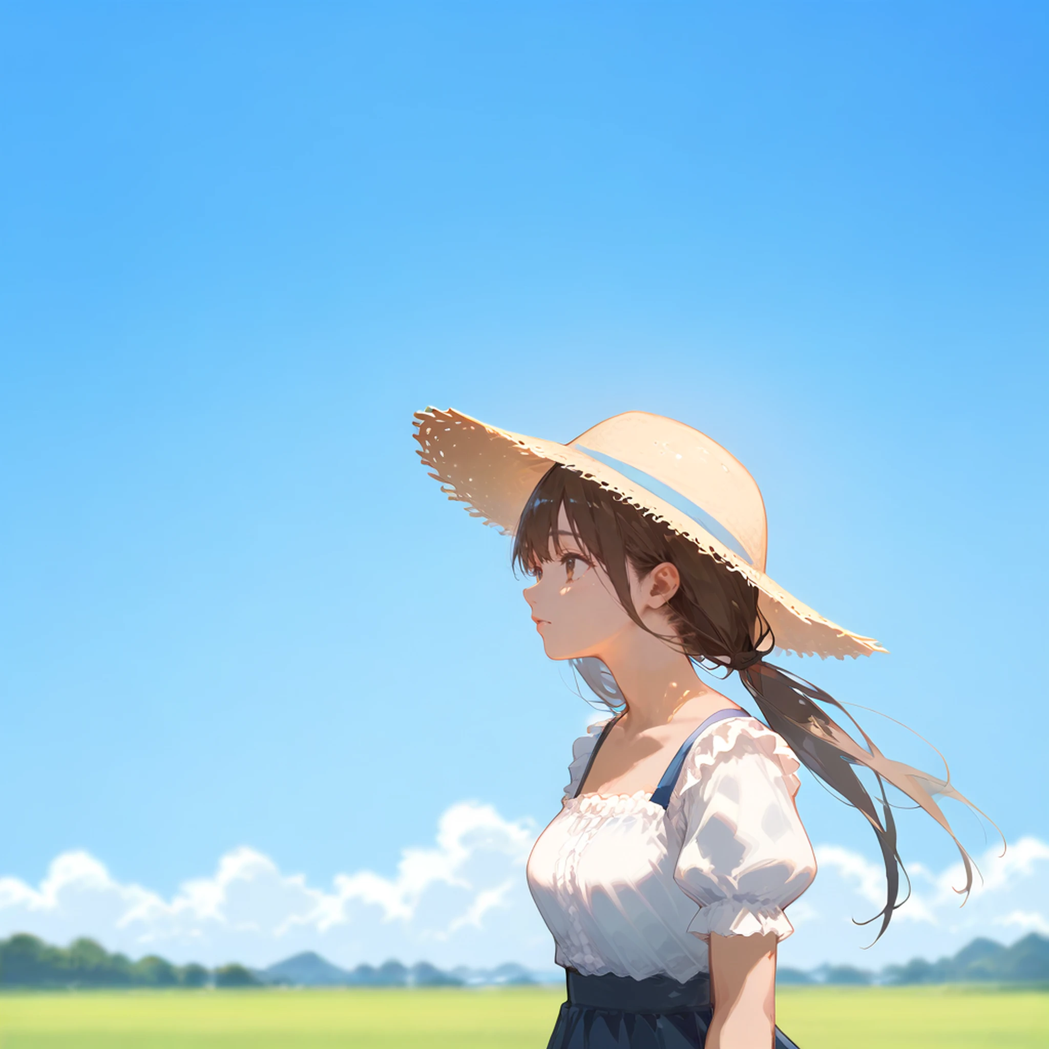 score_9, score_8_up, score_7_up, score_6_up, source_anime,
realistic,8k,detailed,summer,reflection,green field
girl standing,upper body,close up,forhead,brown hair, long hair,low ponytail,brown eyes, tanned skin,straw hat,white blouse,puffy sleeves, blue skirt,
blue sky,shadow,(huge cloud:1.1),blue background,blurry background, 
<lora:Rice_field_r2:0.9>,best quality, masterpiece,