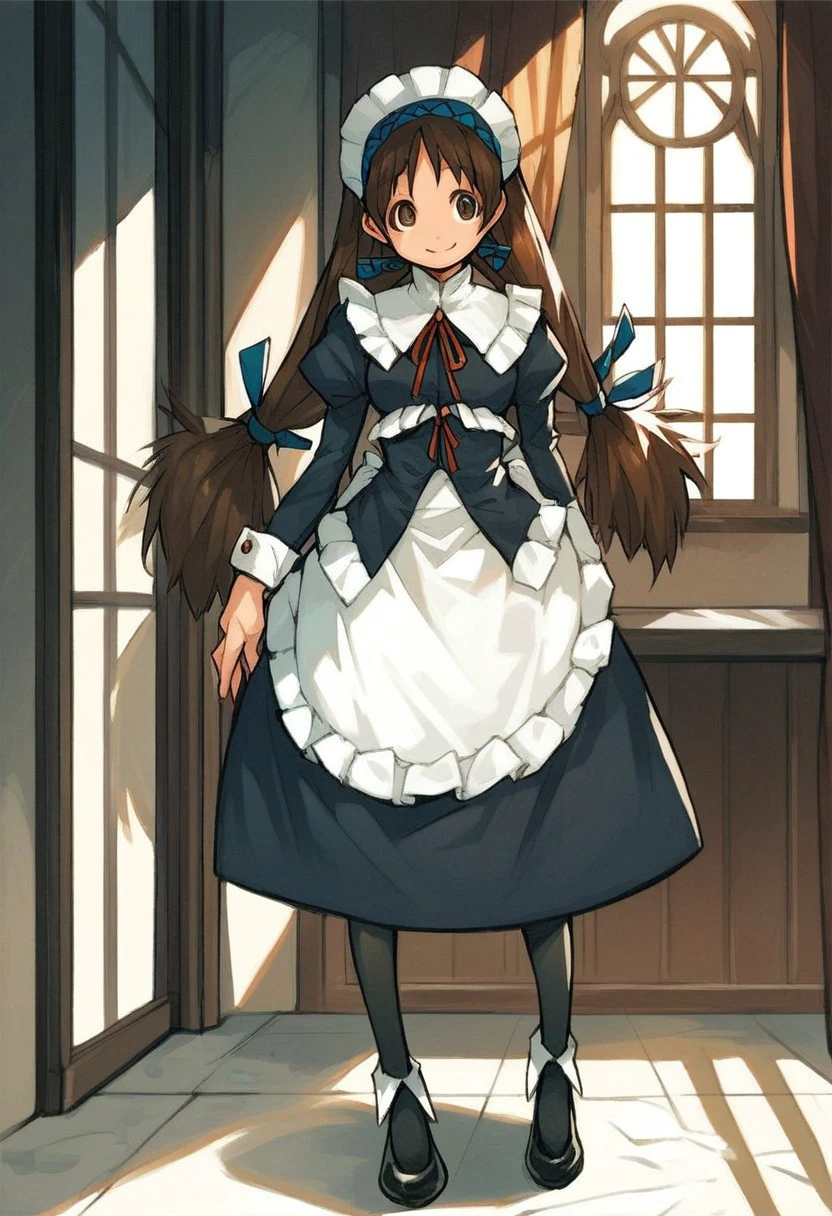 score_9_up, score_8_up, score_7_up, score_6_up, 1girl, solo, Yuki_MCMG, maid, maid headdress, long brown hair, twintails, black pantyhose, black shoes, brown eyes, apron, smile, standing in an (old mansion), source_anime