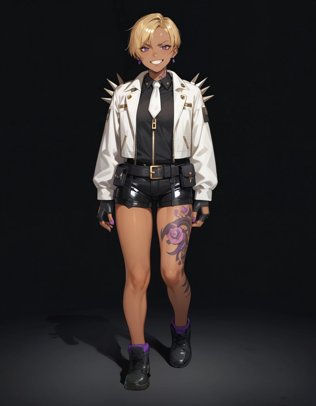 score_9,score_8_up,score_7_up,score_6_up,dark background,1girl,black fingerless gloves,dark skin,white jacket,blonde hair,belt,short hair,black shorts,full body,grin,standing,looking at viewer,facing_to_the_side,white necktie,arm tattoo,shoulder spikes,black shirt,earrings,purple nails,leg tattoo,zipper,long sleeves,     <lora:MyTrainings\Temp\Mad_Maggie_Furious_Fatale_XL_Pony_ARZUMATA-000009.safetensors:0.5>