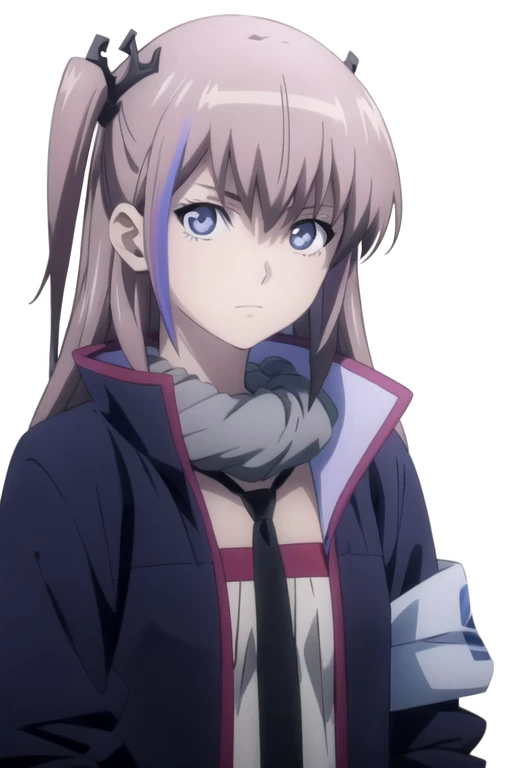 solo, 1girl, looking at viewer, 2D, anime, official style, anime coloring, anime screencap, upper body, (simple background, solid white background:1.3), <lora:star15-gfl:0.8>, st ar-15, hair ornament, jacket, necktie, scarf, closed mouth