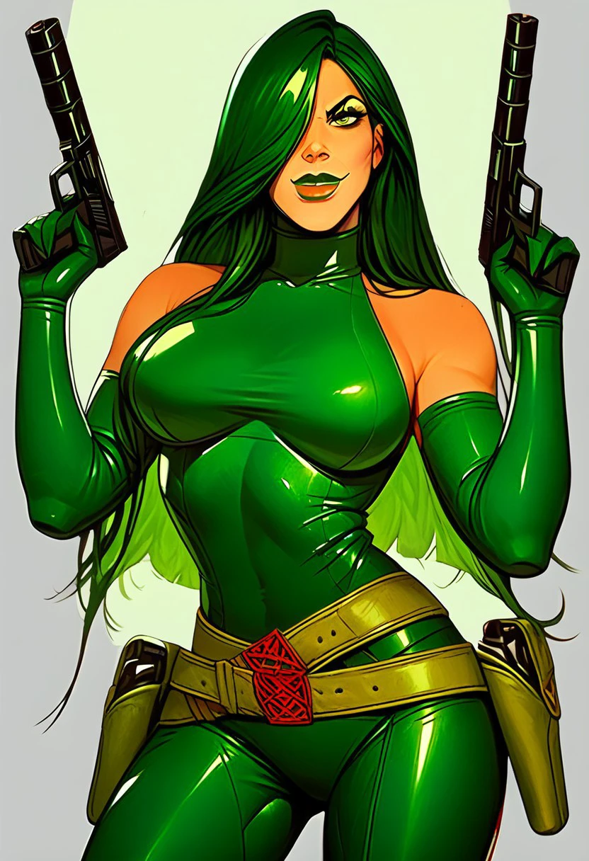 fingers)),score_9, score_8_up, score_7_up, score_6_up, score_5_up, score_4_up,intricate detail, high res, 2d, comic drawing style,Madame Hydra, 1girl, solo, long hair, green bodysuit, skin tight, breasts, bare shoulders, belt, elbow gloves, green boots, long hair, green hair color, fringe covering one eye, latex clothing, large breasts, looking at viewer, pointing gun at viewer, smirking pouting lips, plump lips, green lipstick