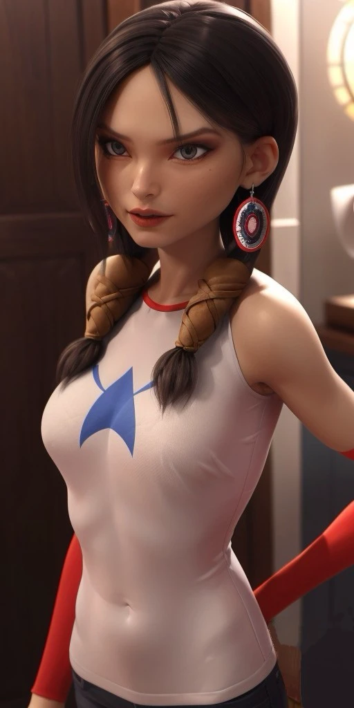 Hyperrealistic, photorealistic, super detailed, black hair, fifteen years old, expressive grey eyes, body like in real life, large pores, slender, light brown skin, beautiful arms, very little breasts, unreal engine, octane render, droped shadow, bokeh, cinematic lighting, <lora:add_detail:0.5>, <lora:Volumetric_lighting:0.6>, hair is parted down the middle braided at the sides and wrapped in leather, gray eyes, fingernails are painted with a metallic blue nail polish, eyebrows are sharply curved at the outer ends, Birth mark can be seen under her left eye, , <lora:4dcdfb52-dfd4-4bd7-9c48-948e4f9c3676:0.7>