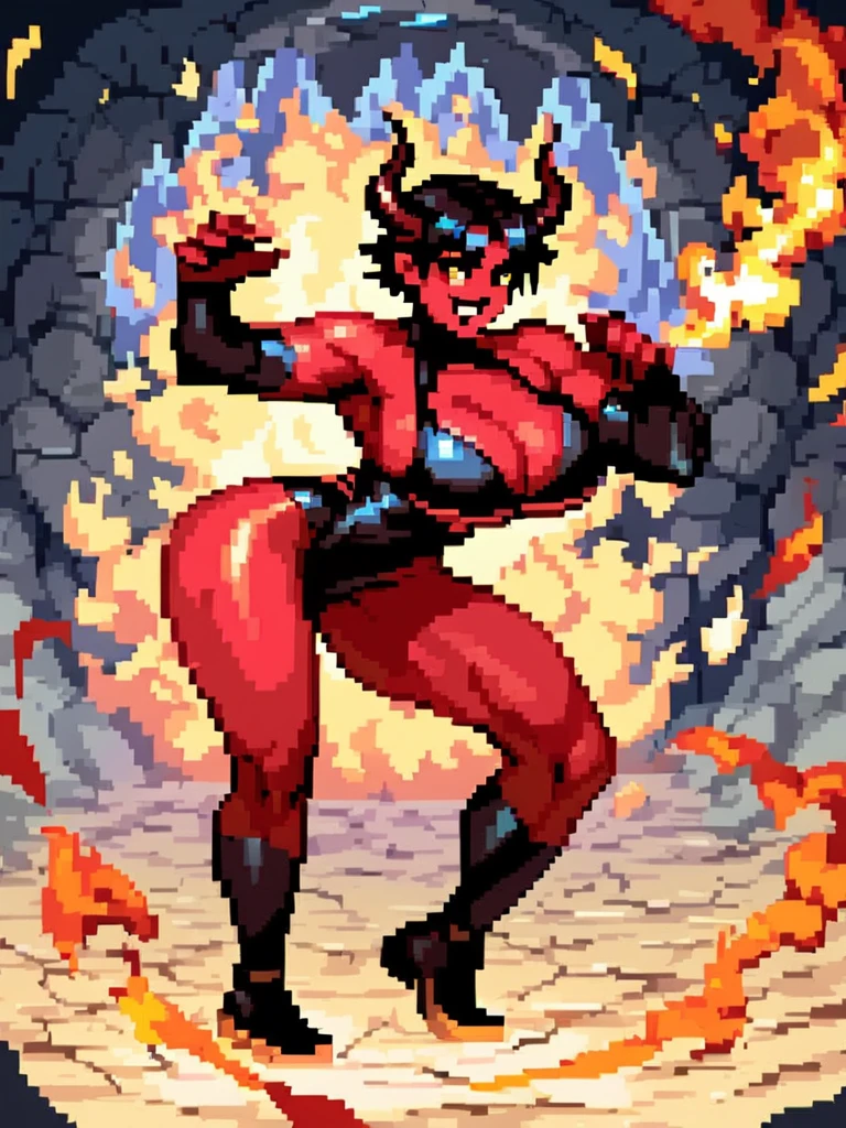 score_9, score_8_up, score_7_up, demon girl, red skin, colored skin, tomboy, short blonde hair, black lingerie, latex, horns, hell, fire, skulls and bones, cleavage, sexy, curvy, huge breasts, dynamic pose, smile, cute, solo, detailed background, standing,...