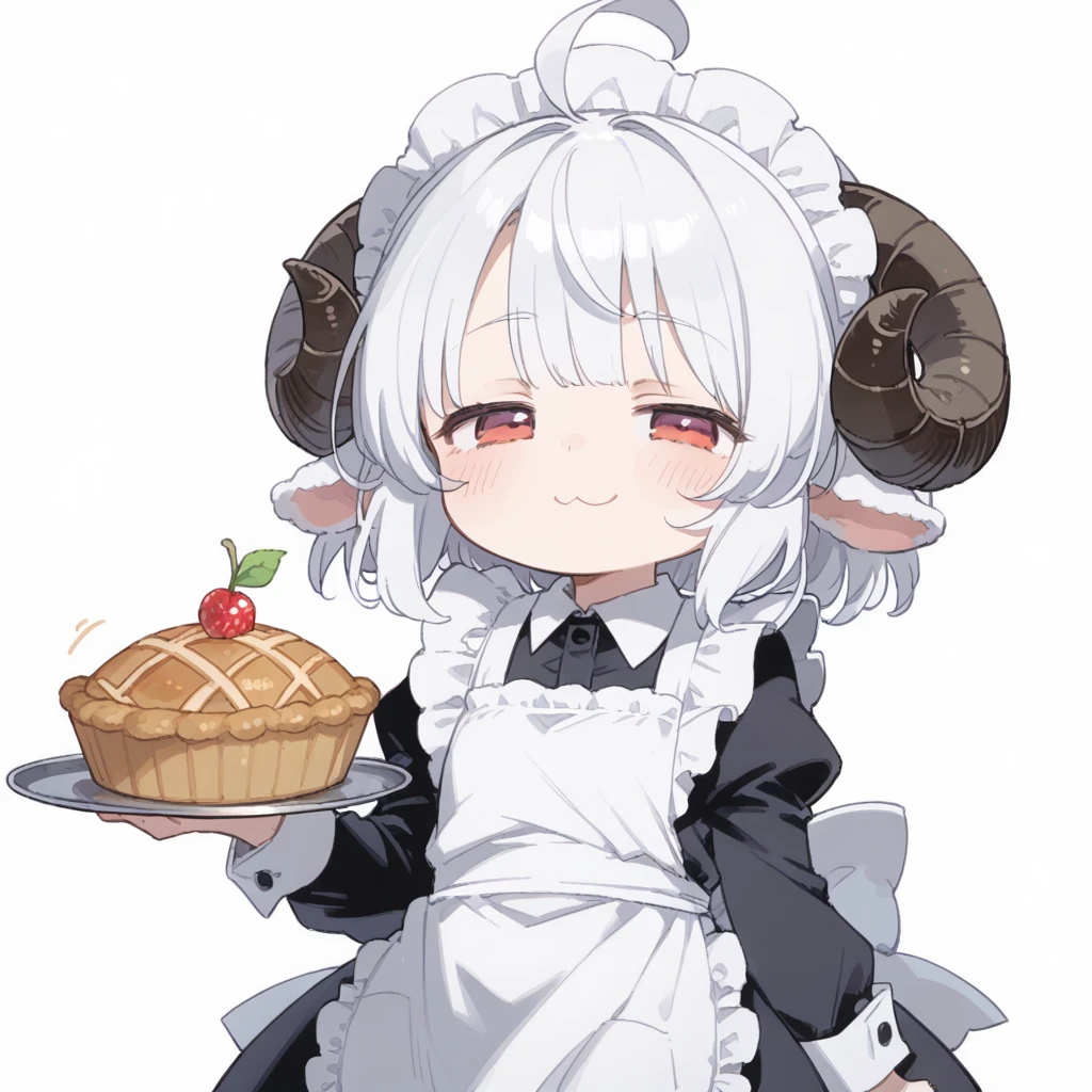 score_9, score_8_up, score_7_up , source_anime, best quality, cute,half-closed eyes, tareme, ahoge
1girl (chibi:1.2),solo,sheep girl, sheep ears, sheep horns, red eyes,white hair,bloomers,(sheep apron:1.2),
(half-closed eyes:1.2), smile, holding pie,white background, offer pie,maid headdress, (doyagao:1.2), pout,