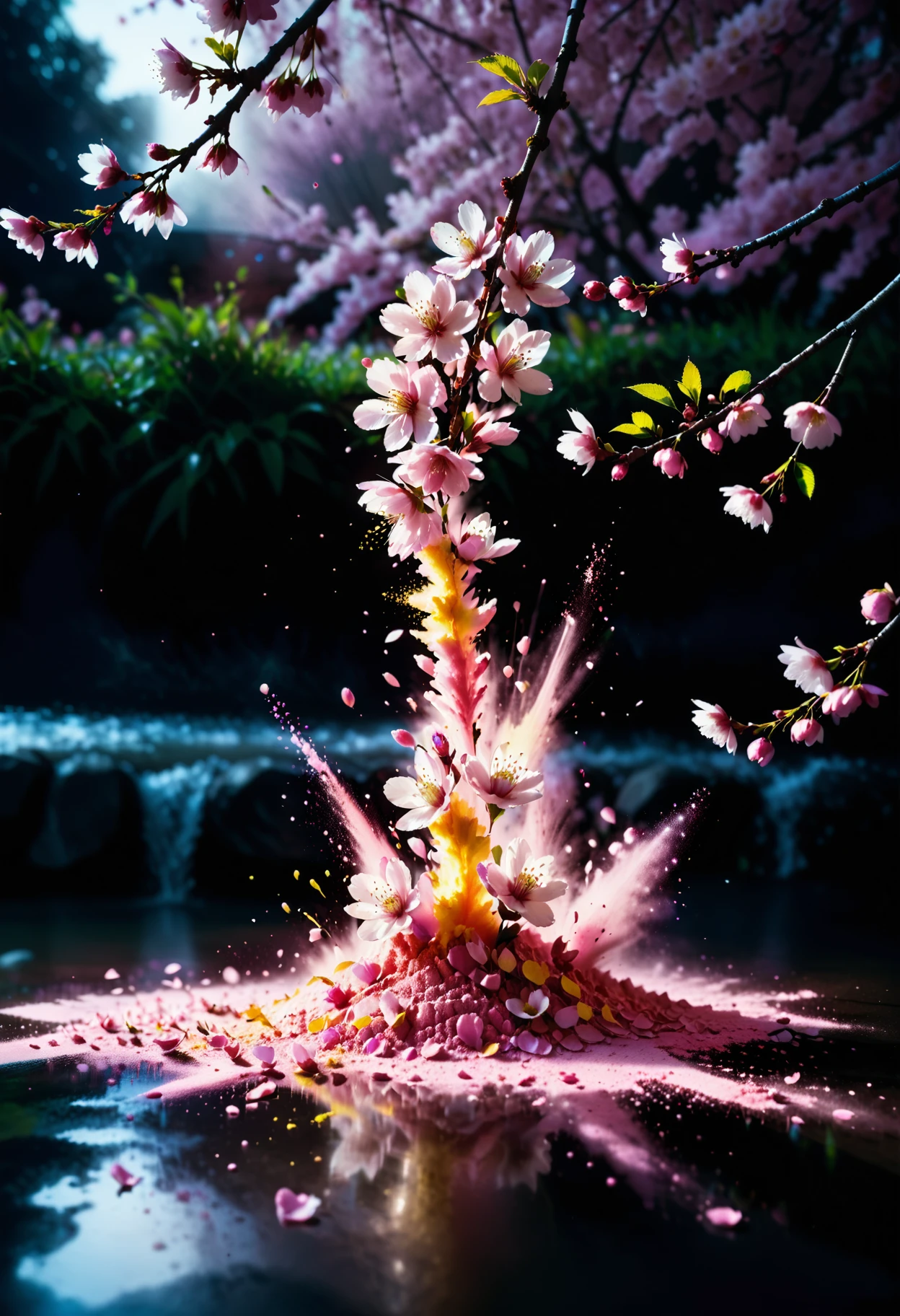 reij-splshpwdr, <lora:splashpowderSDXL-000006:0.9>, cherry blossom petals surrounded by petals, river, dimmed light, close up, flowers