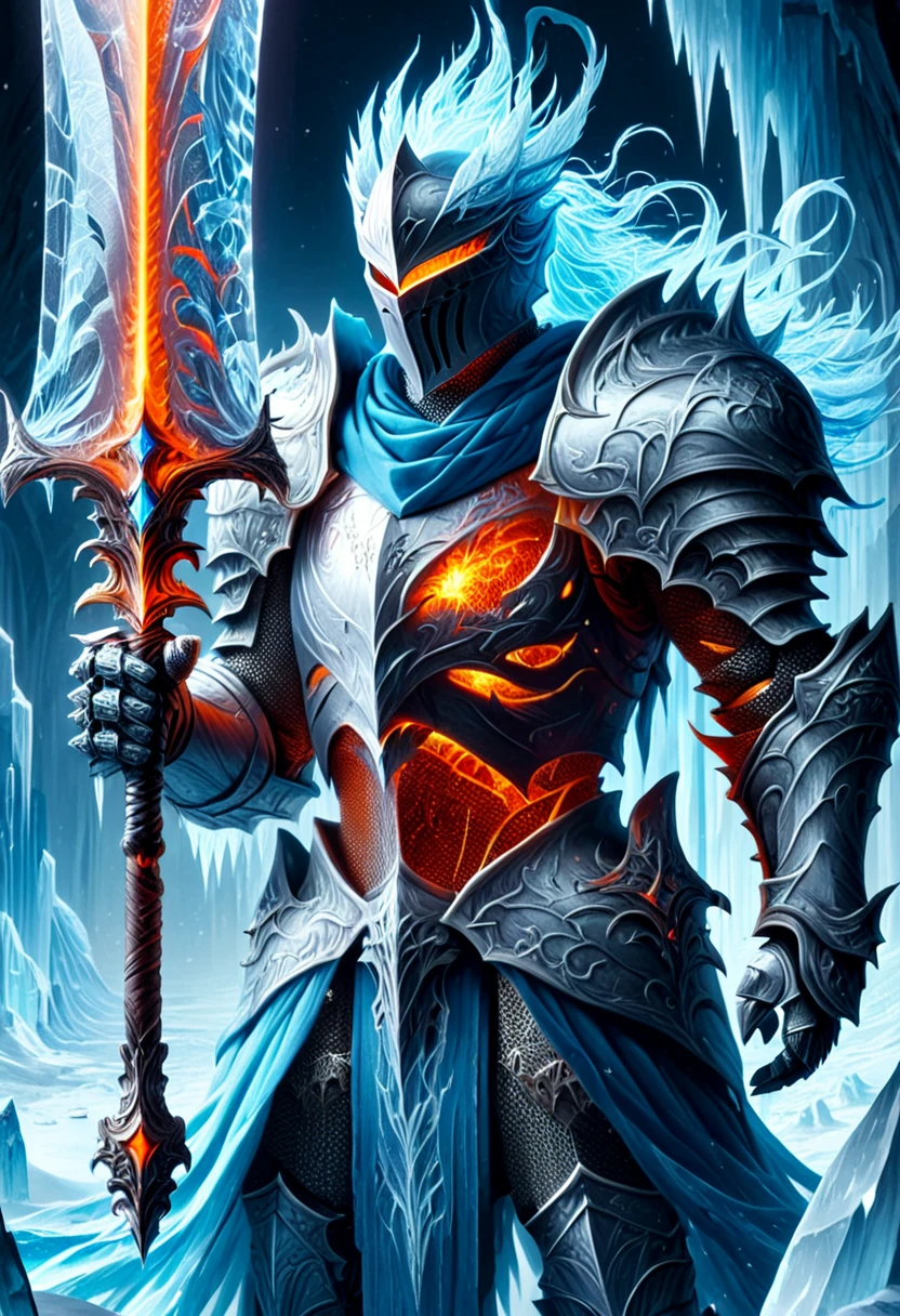 chillblaze, a knight holding a sword, ice armor