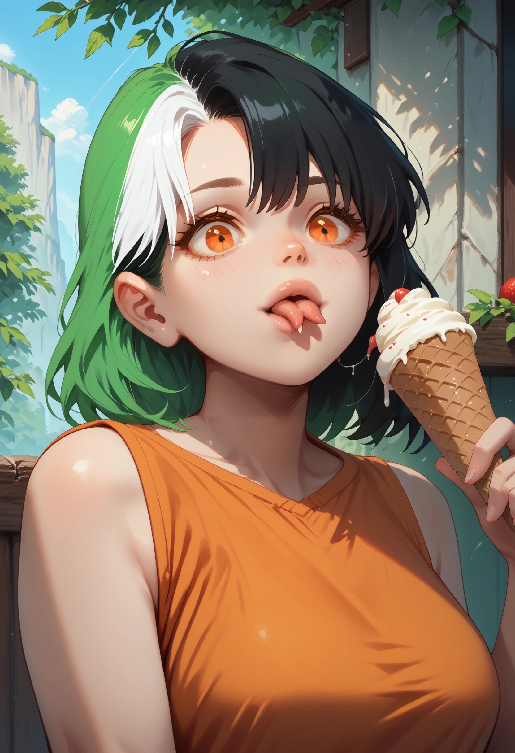 score_9, score_8_up, score_7_up, forked tongue, tongue out, <lora:ForkedTongue_pdxl_Incrs_v1:1>, upper body, 1girl,  <lora:NSMelionPalHair:1> NSMelionPalHair, green hair, black hair, white hair, multicolored hair, orange eyes, ice cream, licking, outdoors, sunlight, holding, licking ice cream, large breasts, looking down,