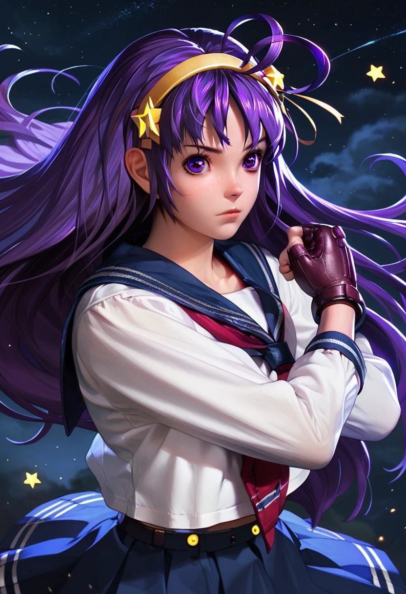 score_9_up, score_8_up, score_7_up, extreamly detailed, beautiful detailed face, complex detailed background, completely clothes, 1girl, BREAK, 
ATHENA ASAMIYA, ATHENA ASAMIYA STUDENT UNIFROM, 1girl, solo, long hair, skirt, hair ornament, gloves, school uniform, purple eyes, purple hair, ahoge, hairband, serafuku, socks, fingerless gloves, star \(symbol\), star hair ornament, fighting stance