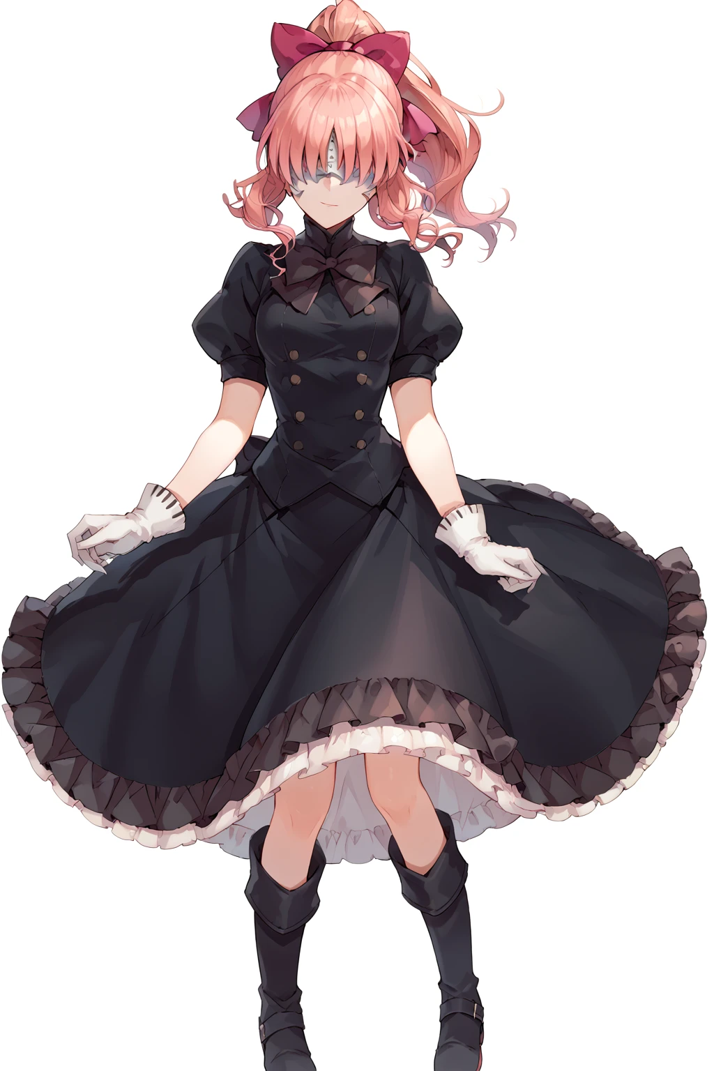 score_9, score_8_up, score_7_up, source_anime, best quality, masterpiece, 1girl, aligura, bow, pink hair, hair bow, gloves, ponytail, dress, white gloves, long hair, mask, boots, puffy sleeves, black dress, short sleeves, puffy short sleeves, full body, white background <lora:Aligura:1>