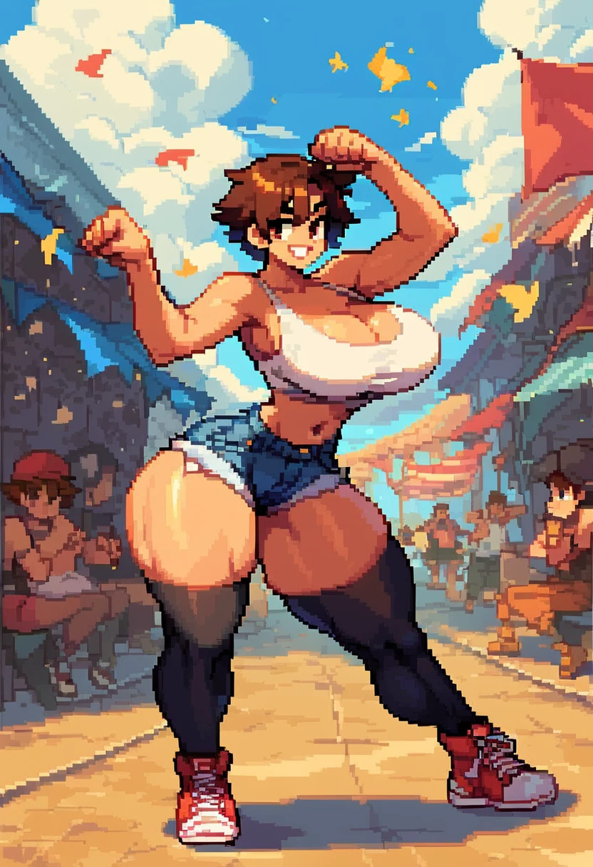 score_9, score_8_up, score_7_up, 1girl, tomboy, short brown hair, white tank top, denim shorts, navel, black thighhighs, cleavage, sexy, curvy, huge breasts, narrow waist, wide hips, thick thighs, looking at away, dynamic pose, smile, cute, wide shot, detailed background, festival, fight pose, 
large breasts, narrow waist, wide hips, thick thighs, <lora:Csp2PixelArtPony_Style:0.5> Csp2Pixel, cartoon, full body,