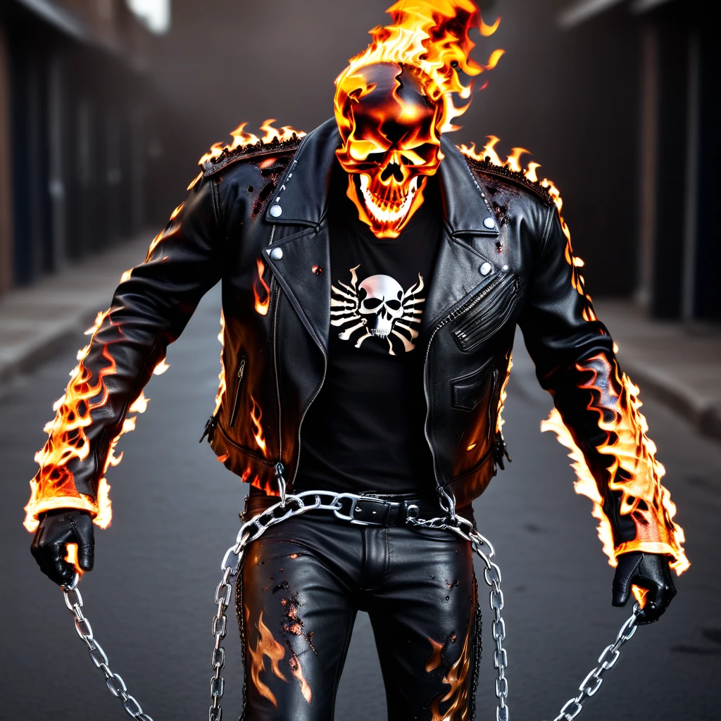 ghost rider snatching a soul of a victim, torn leather jacket with a flaming chain, bullet holes