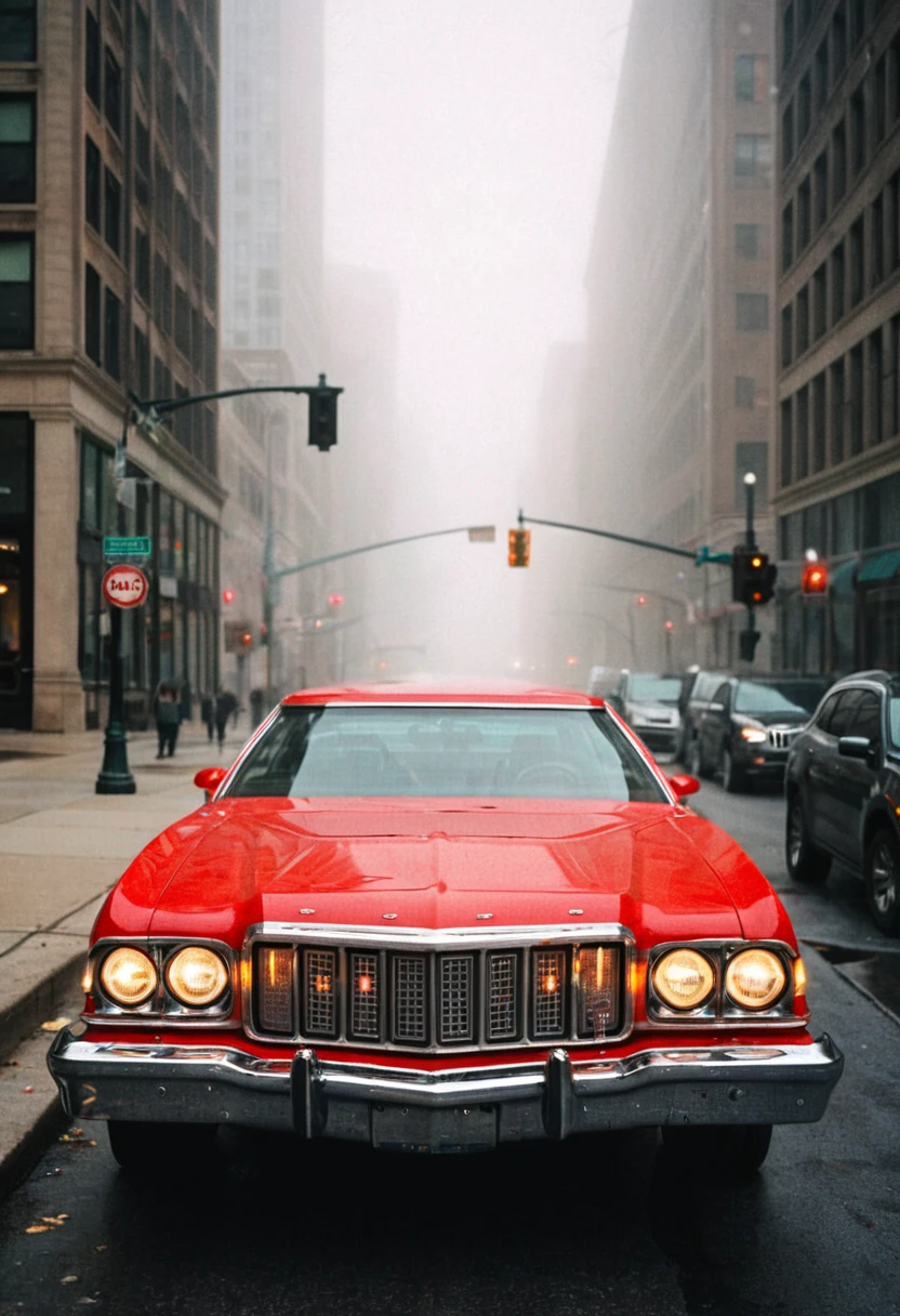 ClassicMuscleCar, gleaming red Ford Gran Torino, front view, Chicago avenue, foggy morning, 4K, highly detailed, (stylish grainy analog 35mm film photo)