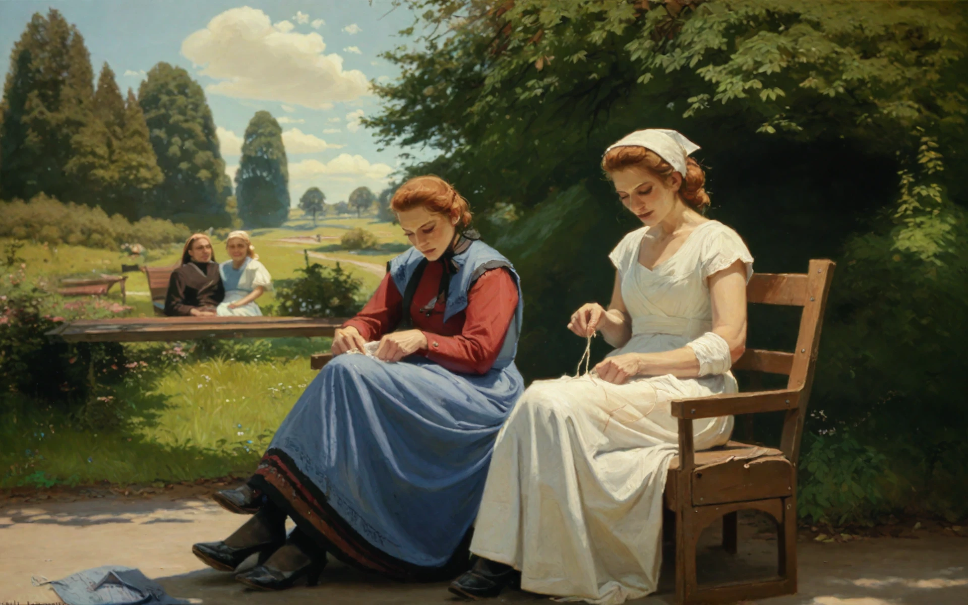 <lora:hans-andersen-brendekilde_pony_v1:1>  'viilage life' by brendekilde hans andersen in 1890,  genre painting \(genre\),socialist realism \(style\), outdoors, two woman sitting on a bench sewing and talking, score_9, score_6_up, score_7_up