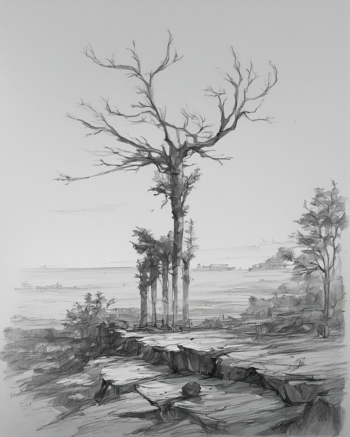 pencil, (sketch:1.2), monochrome, greyscale, (graphite (medium):1.3), traditional media, landscape, nature, deer <lora:_SELF_fallen_ai_PONY_PENCIL_DRAWING_style:1>, zPDXL, score_8_up, score_7_up, score_6_up, score_9, illustration