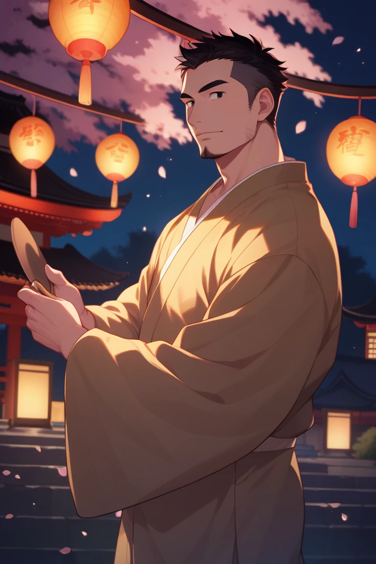 score_9, score_8_up, score_7_up, score_6_up, hannekenjinbei, outdoor, japanese architecture, night, summer festival, summer night, nighttime, feet out of frame, perfect anatomy, perfect proportions, best quality, masterpiece, high_resolution, high quality, aesthetic, absurdres, male focus, solo male, asian man, very short hair, black hair, black eyes, facial hair, green japanese clothing, green jinbei \(japanese clothing\), yarn knitting on sleeves, wide sleeves, short sleeves, side-knot closure clothing, indigo jinbei half pants, uchiwa handheld fan, adult, mature, masculine, manly, handsome, charming, alluring, standing, upper body, dutch angle, cowboy shot, from side, shinto shrine approach lined, food stalls<lora:EMS-444564-EMS:0.800000>