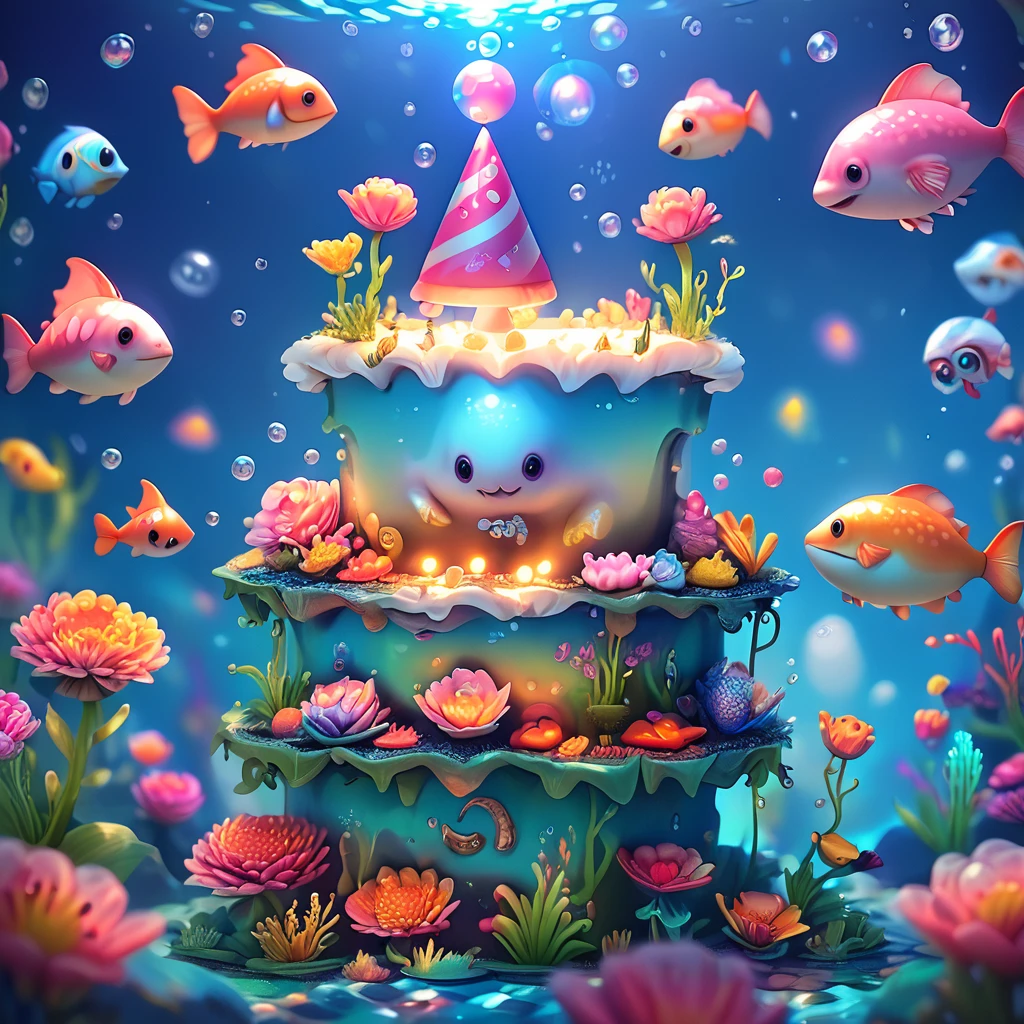 core_9, score_8_up, score_7_up, score_6_up,   <lora:ArsMJStyle_-_Cute:1> ArsMJStyle, Cute, Underwater birthday party for octopus. Fish guests with party hats, seaweed decorations, coral cake. Bubbles, wavy water effects, happy sea creature faces.