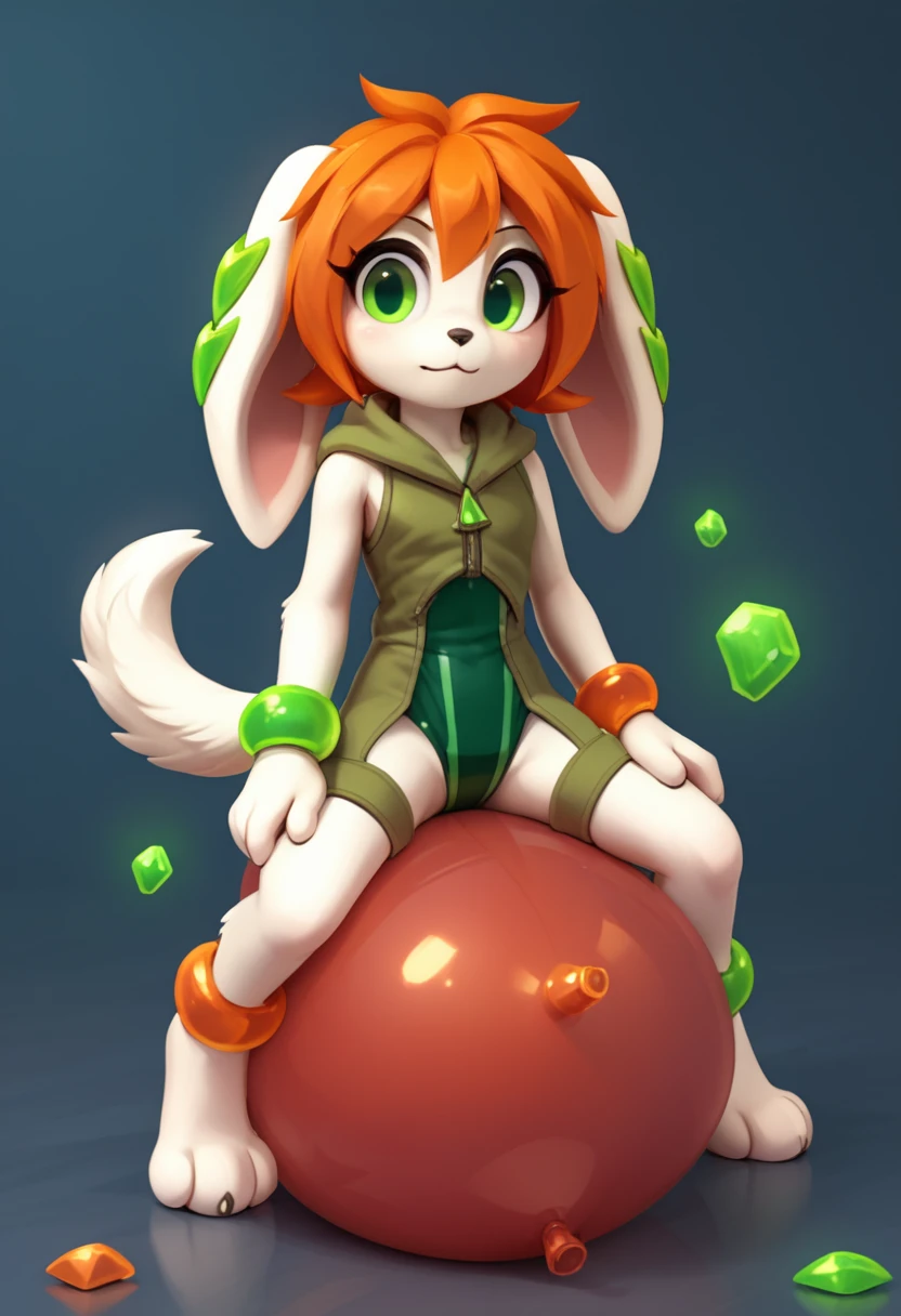 score_9,score_8_up,score_7_up,score_6_up,score_5_up,score_4_up, 1girl, solo, shiny clothing, reflective clothing, reflective balloons, shiny, 

solo, female, cute, innocent, oblivious, clueless, milla basset, white fur, long ears, floppy ears, two green gems on each ear, furry tail, orange hair, green eyes, bracelets, green leotard, green striped leotard, green sleeveless hoodie,crotchless harness, shiny, reflective, wagging tail, white tail,

questionable, rating_questionable,
side,
 dynamic pose,

,
sitting on a balloon,
,
,
riding,
detailed background,
