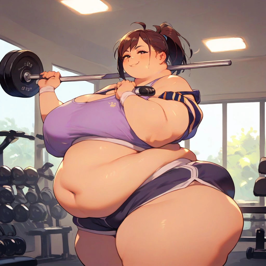 score_9, score_8_up, score_7_up, score_6_up, squarewave29, obese, wide hips, bottom-heavy, sports bra, shorts, shirt, smug, weights, home, living room