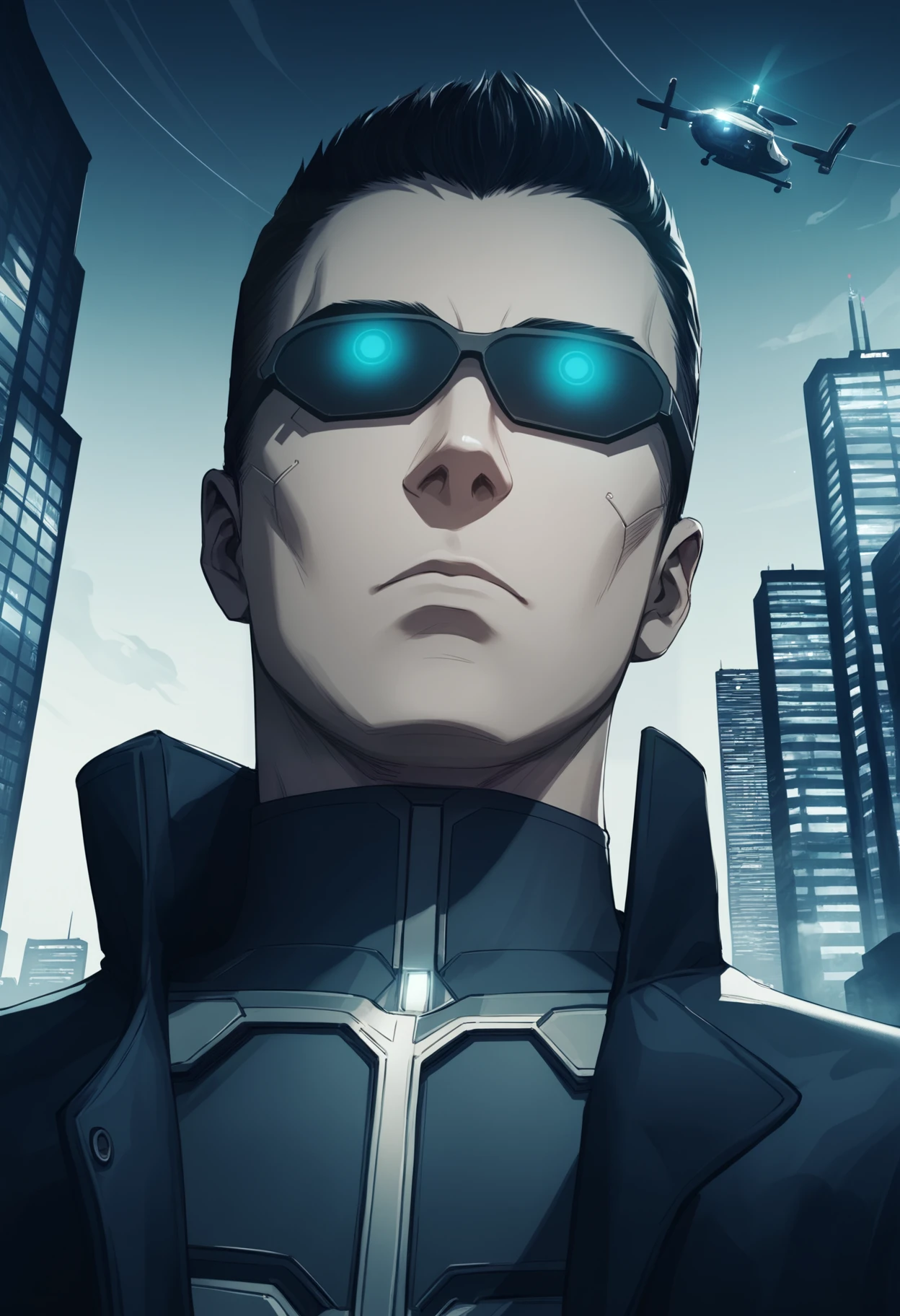 score_9, score_8_up, score_7_up, source_anime BREAK <lora:jcdenton-deusex-richy-v1_pdxl:1> 1boy, solo, male focus, jde, sunglasses, black hair, short hair, black coat, cyberpunk, science fiction, looking up, closed mouth, black boots, gloves, outdoors, city, monochrome, light beam, light shaft, helicopter, skyscraper, street, from below, close-up, portrait, black background, blue sky, fog