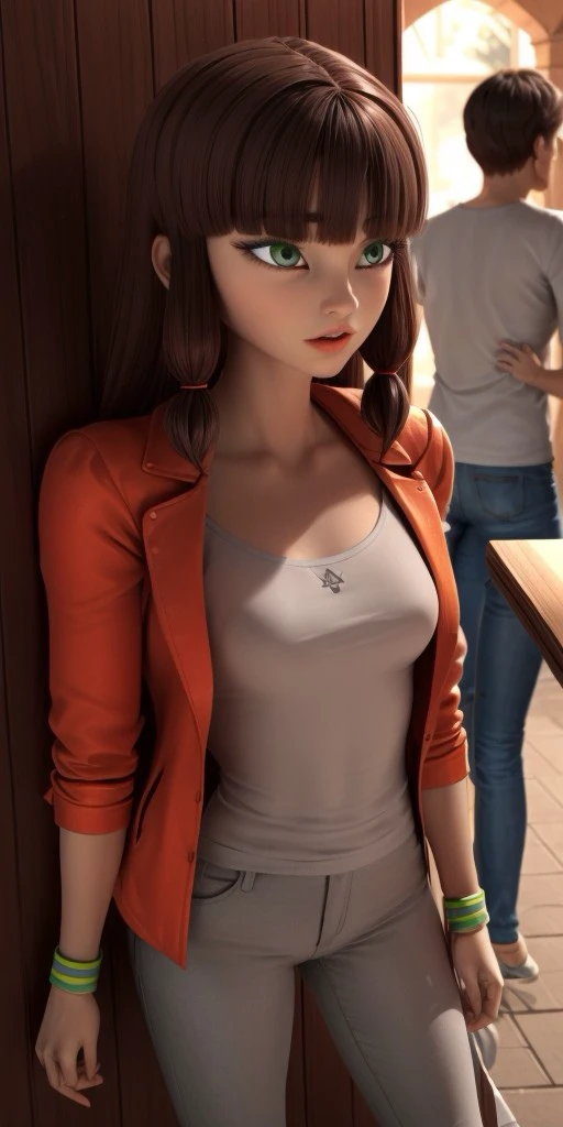 Hyperrealistic, photorealistic, super detailed, (gray pants), ((gray T-shirt under jacket)), (orange jacket), hip-length auburn wig with blunt bangs and two shorter pieces framing her face which is loosely tied near the ends with orange bands, expressive grayish chartreuse green eyes, fourteen years old, body like in real life, large pores, slender, light tan skin, beautiful arms, very little very flat breasts, unreal engine, octane render, droped shadow, bokeh, cinematic lighting, <lora:add_detail:0.5>, <lora:Volumetric_lighting:0.6>, Lila, Rossi, Grayish chartreuse green eyes, Hip-length auburn wig with blunt bangs and two shorter pieces framing her face which is loosely tied near the ends with orange bands, , <lora:78470c30-a7d9-432e-87fe-5eba4aa626a5:0.7>