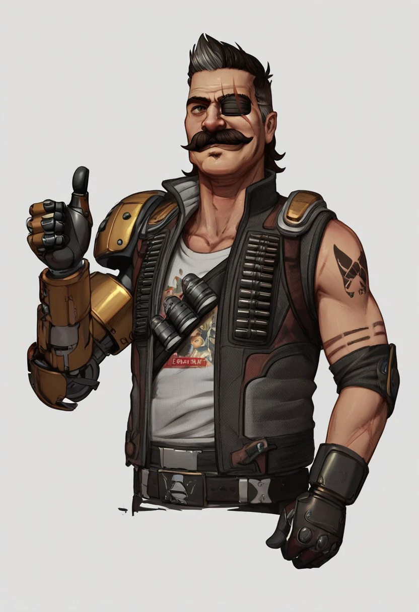 score_7_up, score_8_up, solo male, upper body, 
BREAK,
Apexfuse, eyepatch, scar on face, single mechanical arm, tactical outfit, mustache, (thumbs up), smirk, detailed, simple background,