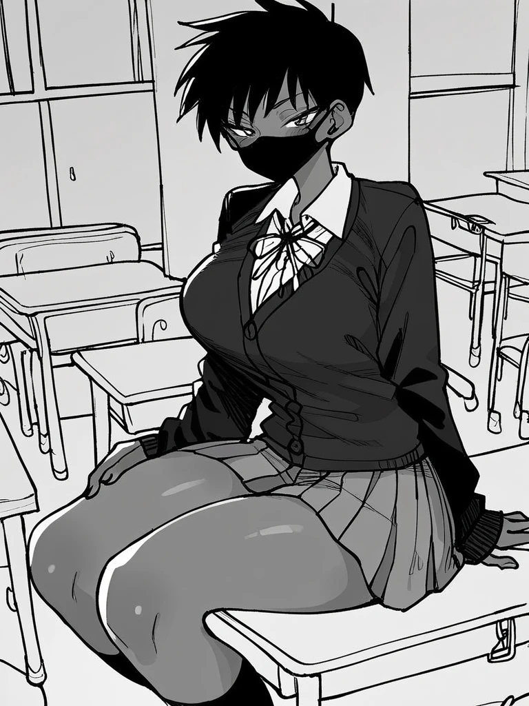 score_9, score_8_up, score_7_up, 
 1girl, monochrome, black hair, tomboy, mouth mask, black mask, dark-skinned female, large breasts,

school uniform, black cardigan, neck ribbon, grey skirt,

sitting, on desk, school desk, black socks, looking at viewer, narrowed eyes, classroom, solo,