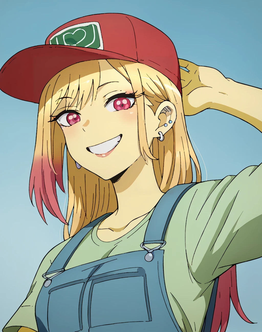 score_9, score_8_up, score_7_up, score_6_up, score_5_up, score_4_up, BREAK ,smile,looking at viewer1girl,solo
edgSneed, solo, simple background, shirt, hat,  baseball cap, red headwear, green shirt, overalls, wearing edgSneed_outfit,yellow skin, 
 <lora:edgSneedPony:0.7>
 <lora:SonoBisqueDoll_KitagawaMarinXL:1> kitagawamarin, magenta eyes, multicolored hair, ear piercing, earrings,long gradient blond hair