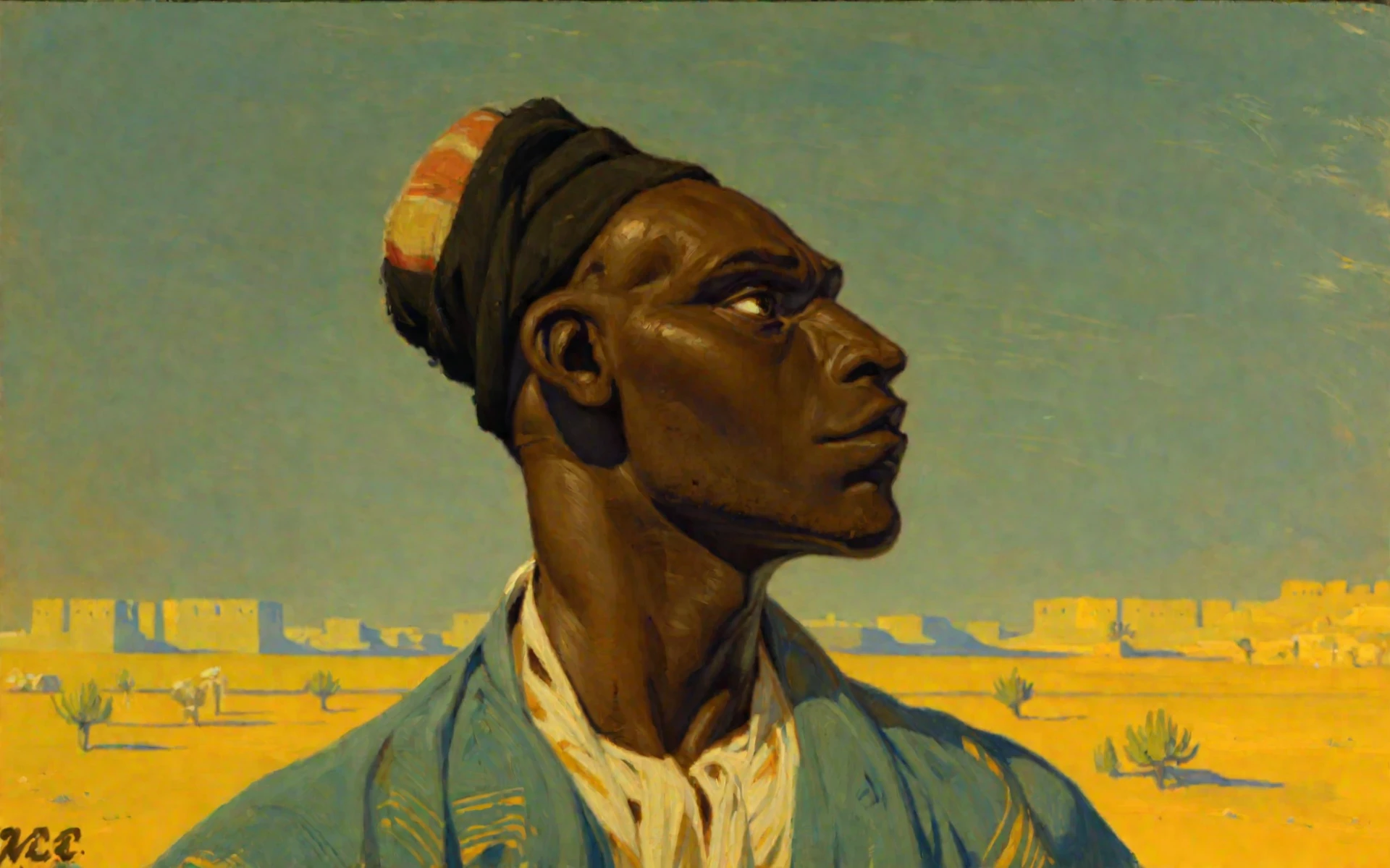 <lora:hans-andersen-brendekilde_pony_v1:1.2>  'desert' by brendekilde hans andersen in 1900,an african man in the desert,portrait \(genre\),realism \(style\), score_9, score_6_up, score_7_up