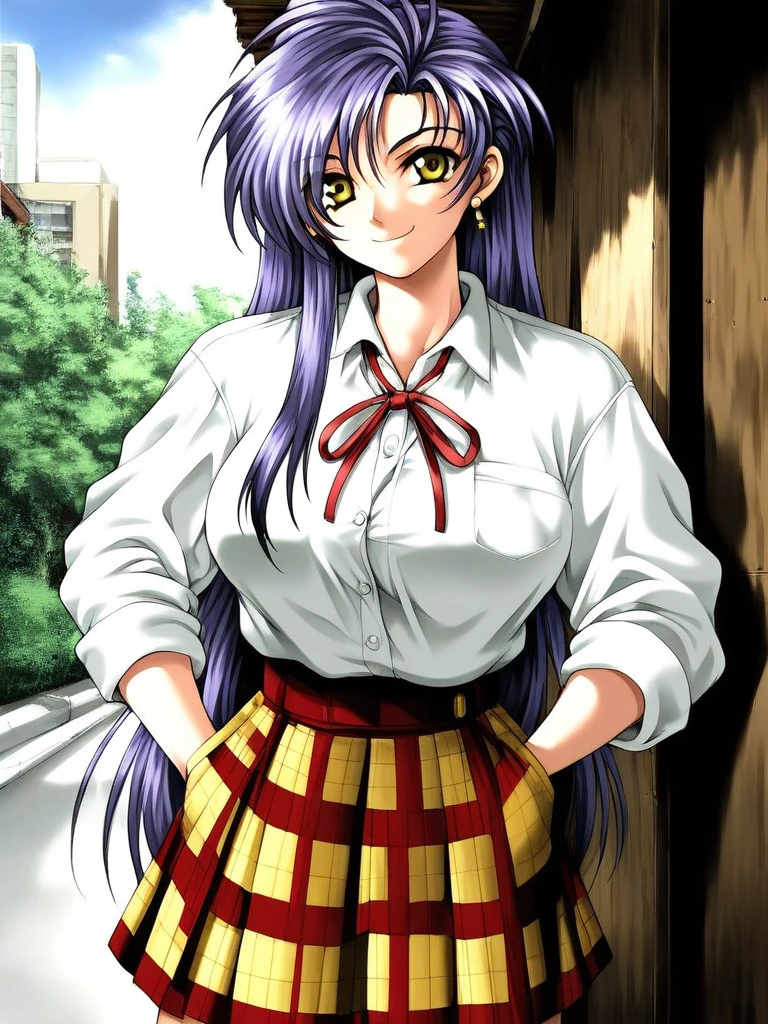 score_9, score_8_up, score_7_up, source_anime, rating_explicit, BREAK  <lora:Serizawa_Mio_XL:1> ãSerizawaMio, purple hair, long hair, breasts, large breasts, yellow eyes,
1girl, solo, earrings, jewelry, skirt, hands in pockets, school uniform, plaid skirt, shirt, plaid, ribbon, looking at viewer, white shirt,
angly,smile
outdoor, day,