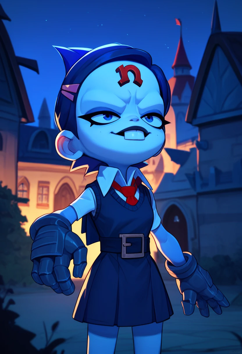 score_9,score_8_up,score_7_up,score_6_up,
ninacortexxl,blue eyes,forehead jewel,buck teeth,short blue hair,hairclip, smug,
sweater vest,red tie,white collared shirt,short sleeves,skirt, metal gloves,
standing ,
night,evil castle,
outdoors,<lora:NinaCortexXL:0.9>,