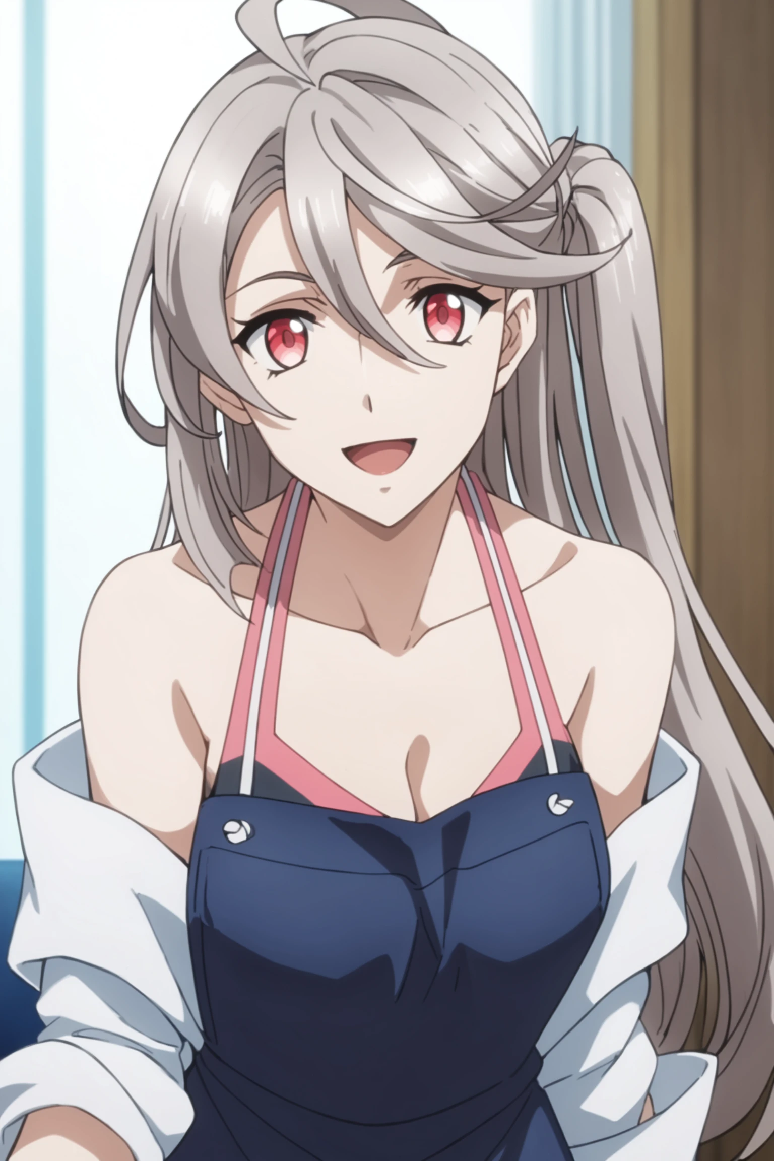 score_9, score_8_up, score_7_up, score_6_up, score_5_up, source_anime, rating_safe, indoors, 1girl, solo, medium breasts, looking at viewer, <lora:age_slider_v4:2>, seria urutsuki, long hair, grey hair, side ponytail, hair between eyes, ahoge, red eyes, tank top, pink tank top, black tank top, blue apron, white shirt, tied shirt, collarbone, bare shoulder, blue shorts, denim shorts, gladiator sandals, <lora:Seria_Urutsuki:0.8>, (dynamic pose:1.4), smile, open mouth