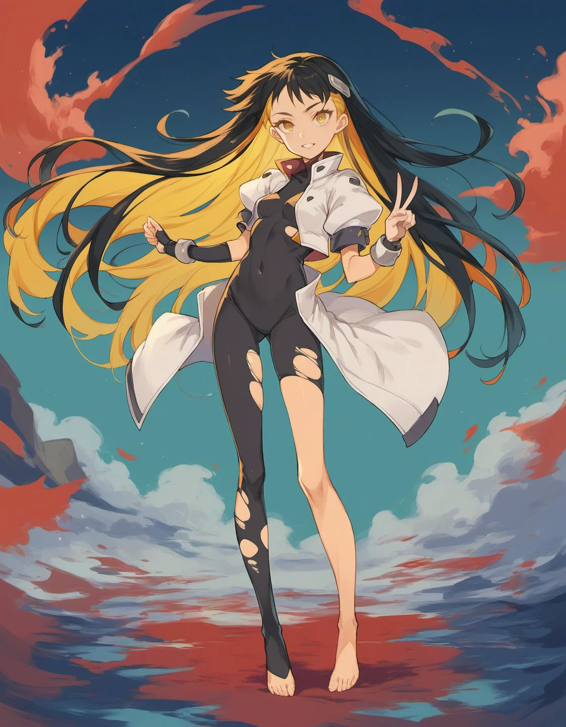 score_9, score_8_up, score_7_up, drawing,
fabula-ultima, 1girl, petite, young, black hair, yellow hair, full body, long hair, looking at viewer, multicolored hair, solo, standing, yellow eyes, bodysuit, short sleeves, bare barefoot, small breasts, white jacket, ripped clothes, v,
<lora:fabula_ultima_character_art_style_v1:0.8>