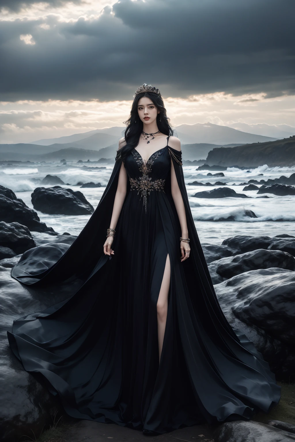 1girl, black hair, standing, dress, black dress, jewelry, long hair, outdoors,black lion, bracelet, cape, long dress, grey sky, choker, rock, cloud, cloudy sky, tiara, overcast, looking at viewer, solo, sky, realistic, black lion queen
,<lora:JAY -  BLACK LION QUEEN:0.8>