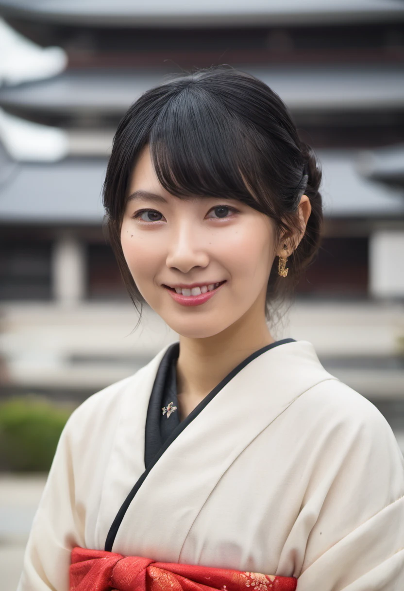 Photorealism masterpiece, high detail,Portrait of Saya Hiyama woman, smiling at camera, japanese, asian woman, black hair, wearing traditional Japanes robes, blurry background, temple in background  , Photorealism, often for highly detailed representation, photographic accuracy, or visual illusion.