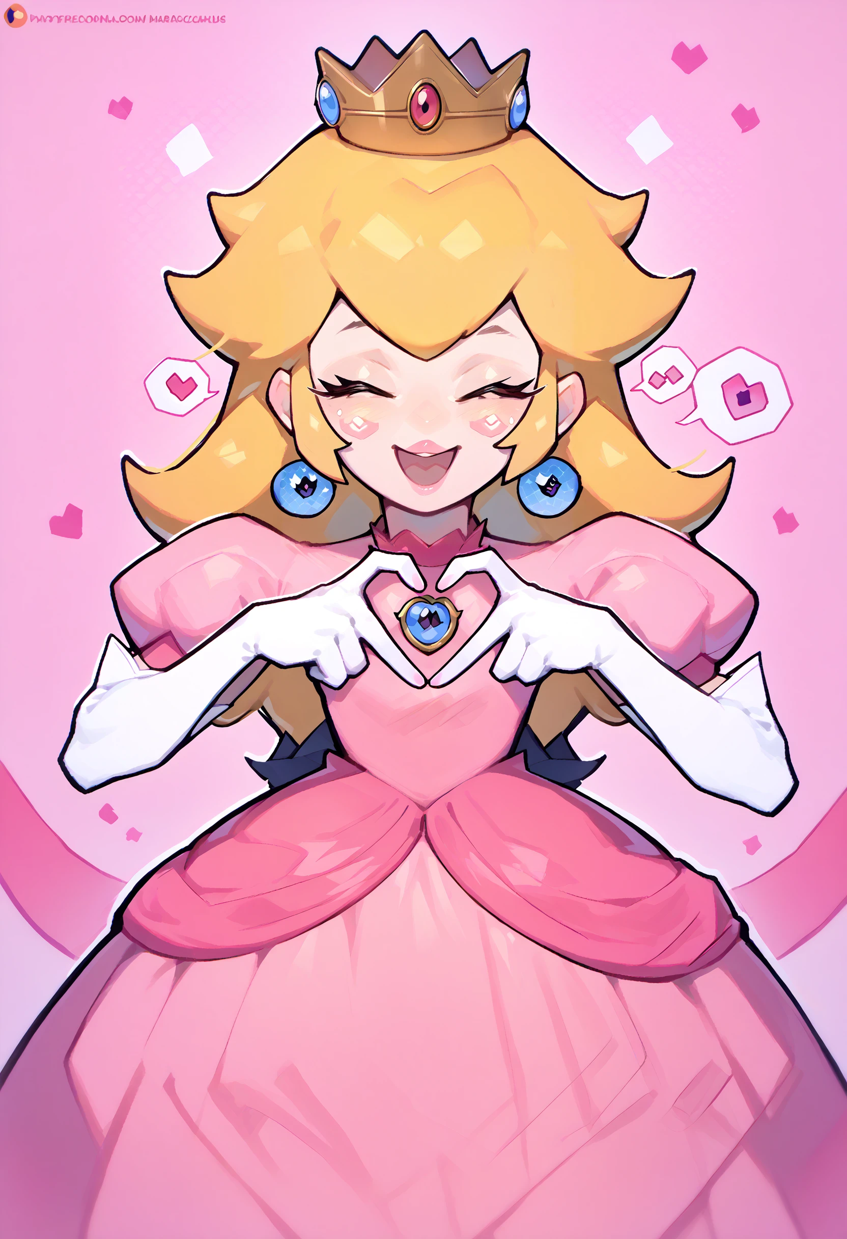 score_9, score_8_up, score_7_up, 4-finger heart hands, heart hands, heart,  <lora:FourFingerHeartHands_pdxl_Incrs_v1:1>, 1girl, <lora:PrincessPeach_XLPD:1>, princess peach, pink dress, elbow gloves, crown, heart, closed eyes, happy, open mouth, spoken heart,