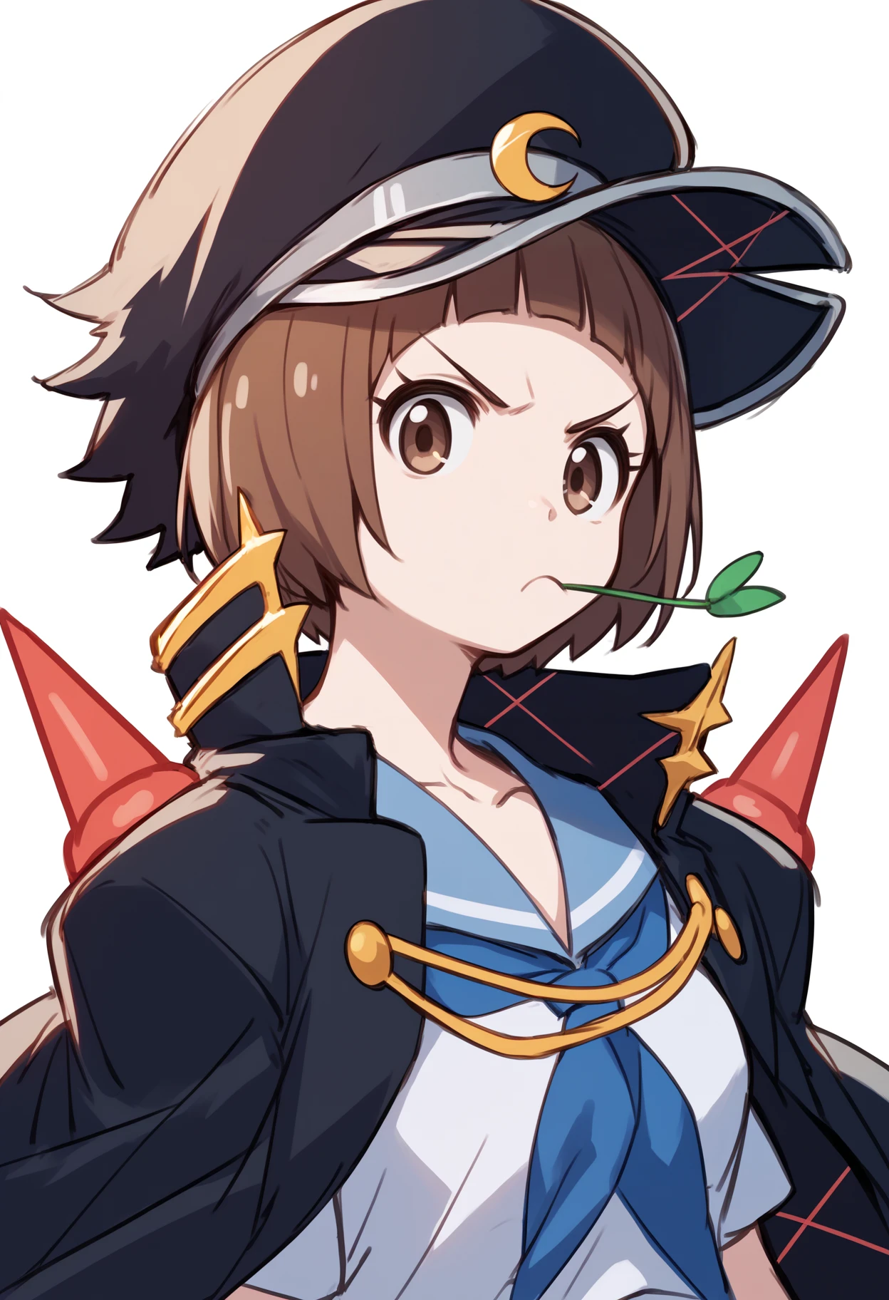 score_9, score_8_up, score_7_up, score_6_up, score_5_up, score_4_up, BREAK,
1girl, mankanshokumako, brown eyes, brown hair, short hair, mouth hold,
hat, crescent hat ornament, jacket on shoulder, school uniform, serafuku, 
closeup, upper body, looking at viewer, serious, solo, sketch, simple background  <lora:MakoMankanshokuFightClubXL:1>