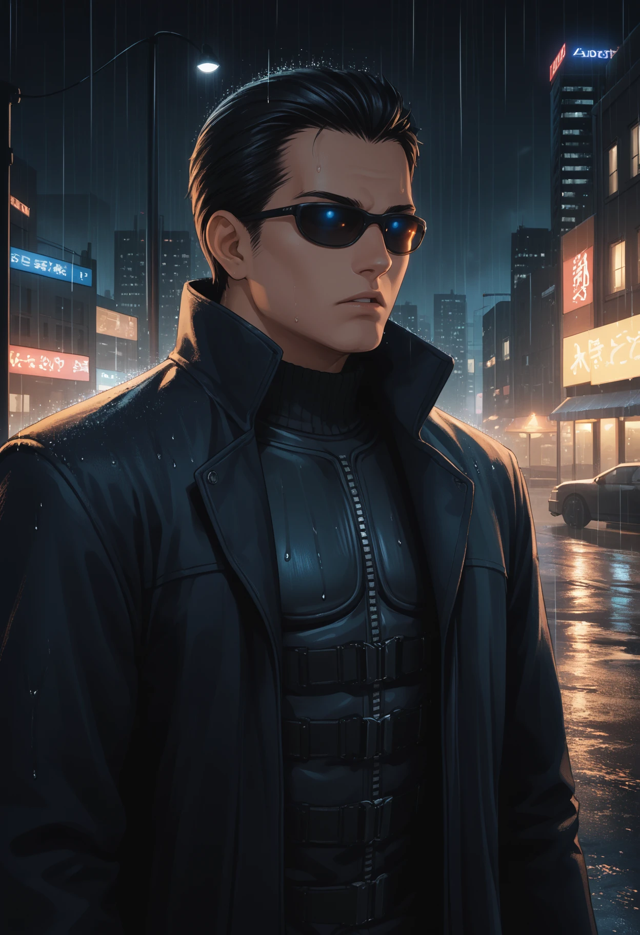 score_9, score_8_up, score_7_up, source_anime BREAK <lora:jcdenton-deusex-richy-v1_pdxl:1> 1boy, solo, male focus, standing, jde, sunglasses, black hair, short hair, black coat, trench coat, outdoors, city, dark, darkness, night, night sky, parted lips, rain, black background