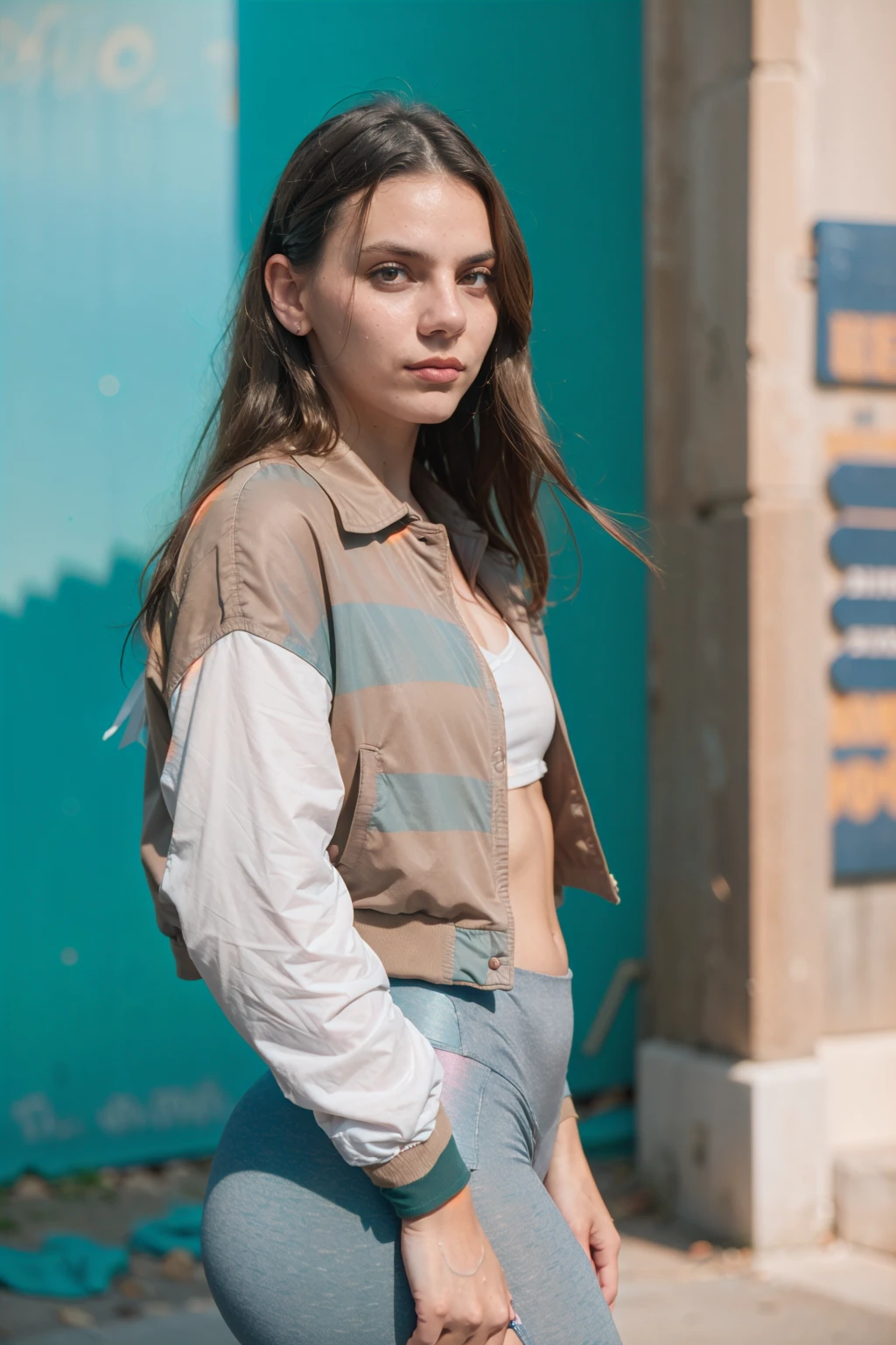 a photograph of (1girl, 19 years old, slight smile), <lora:ZH_DafneKeen_v1SD15:1>, zh_dafnekeen, solo, realistic, brown eyes, long hair,  looking at viewer,  wearing (jacket, top, leggings)