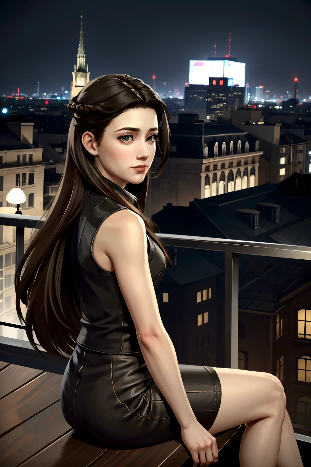 ((ultra detailed, masterpiece, absurdres))
 <lora:GOTMira:0.8>
GOTMira, 1girl, brown hair, long hair, looking at viewer, overlooking the city from a rooftop bar at night, chic outfit, sitting