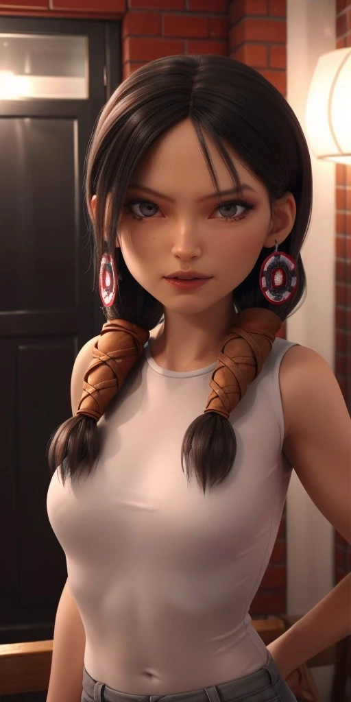 Hyperrealistic, photorealistic, super detailed, black hair, fifteen years old, expressive grey eyes, body like in real life, large pores, slender, light brown skin, beautiful arms, very little breasts, unreal engine, octane render, droped shadow, bokeh, cinematic lighting, <lora:add_detail:0.5>, <lora:Volumetric_lighting:0.6>, hair is parted down the middle braided at the sides and wrapped in leather, gray eyes, fingernails are painted with a metallic blue nail polish, eyebrows are sharply curved at the outer ends, Birth mark can be seen under her left eye, , <lora:4dcdfb52-dfd4-4bd7-9c48-948e4f9c3676:0.7>