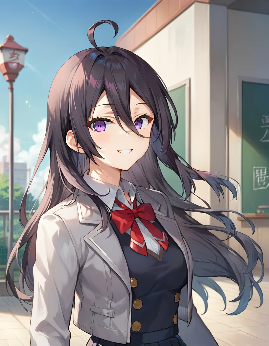 score_9,score_8_up,score_7_up,score_6_up BREAK official art,solo,outdoors,upper body,(portrait:1.5),looking at viewer,facing viewer,smile,Kimishima Ayano,ahoge,long hair,black hair,floating hair,sidelocks,hair between eyes,parted bangs,purple eyes,school uniform,grey jacket,cropped jacket,open clothes,open jacket,wing collar,red bowtie,black dress,pleated dress,double-breasted,collared shirt,white shirt,medium breasts,skindentation,long sleeves,black socks,loafers,brown footwear,<lora:Kimishima Ayano(tsrdta)-Pony:1.1>,<lora:Smooth Anime Style LoRA XL:0.8>,