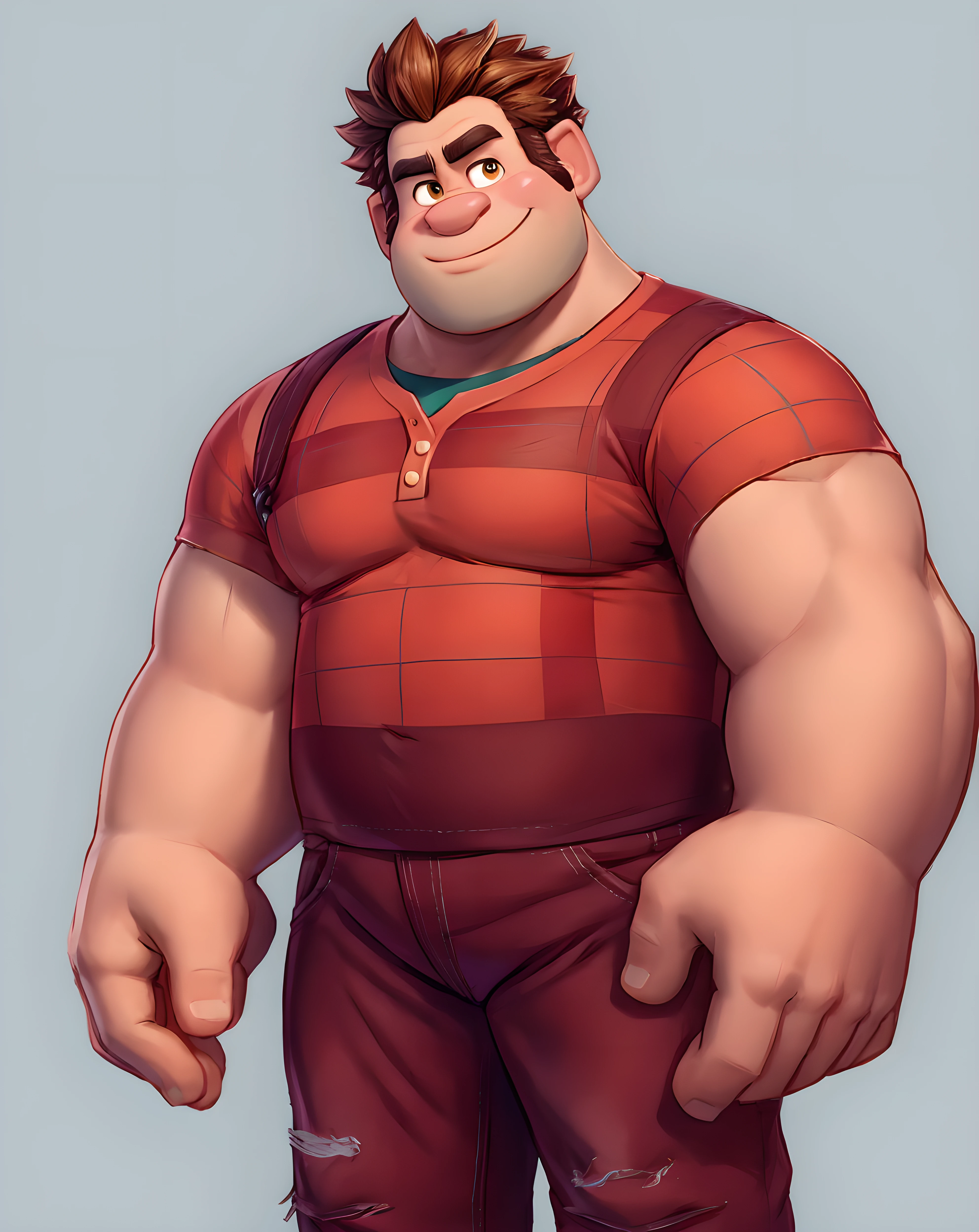 <lora:Ralph:0.8> ralph_wreckitralph, looking at viewer, simple background, red shirt, looking at viewer, muscular