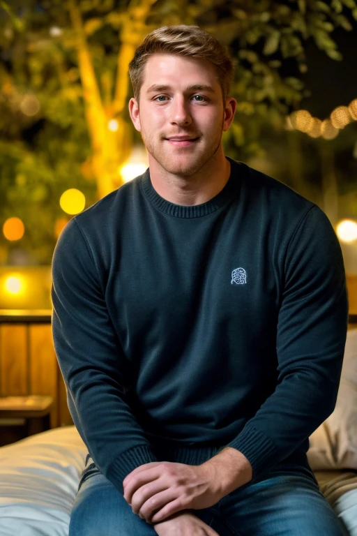 photograph of guy  upper body High resolution handsome guy, highly detailed, sit on bed, single, night time, cozy light, (look at viewer) bokeh background, wearing a sweater, detailed eyes,  <lora:add_detail:0.7>  <lora:nathanfort:0.7> nathanfort,, (masterpiece,best quality:1.5)