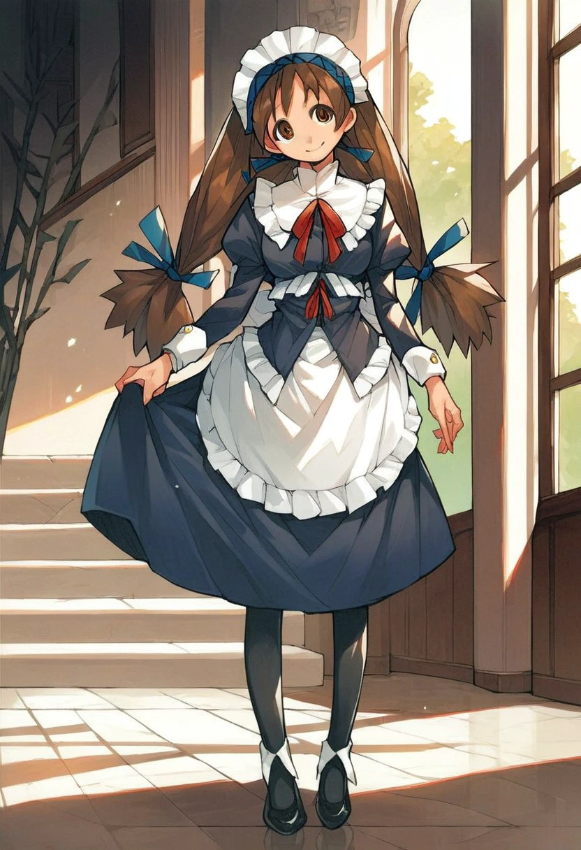 score_9_up, score_8_up, score_7_up, score_6_up, 1girl, solo, Yuki_MCMG, maid, maid headdress, long brown hair, twintails, black pantyhose, black shoes, brown eyes, apron, smile, standing in an (old mansion), source_anime