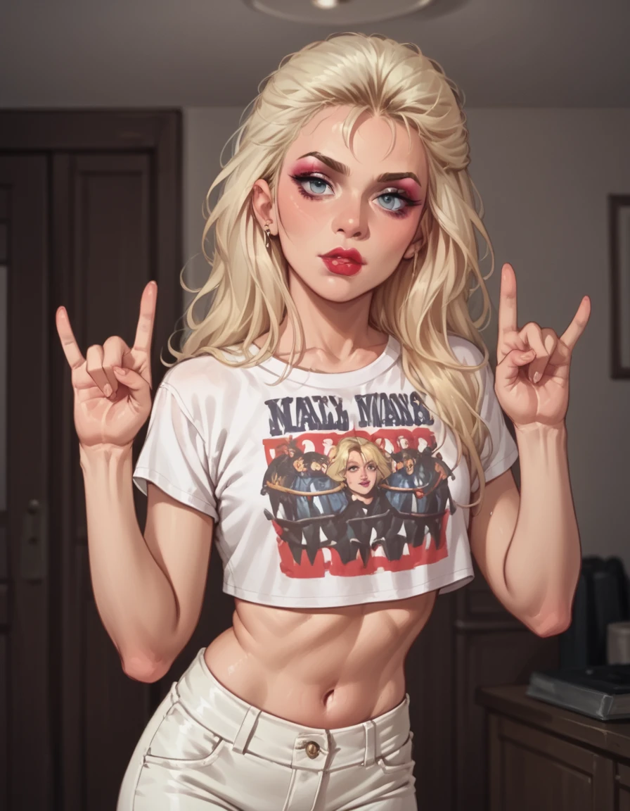 score_9, score_8_up, score_7_up, score_6_up, score_5_up, score_4_up, solo, 1girl, makeup, lipstick, long blonde hair, crop top, midriff, pants, hud_m3tal_h4nds, arm up, \m/, upper body, <lora:hud_m3tal_h4nds_XLP:0.8>