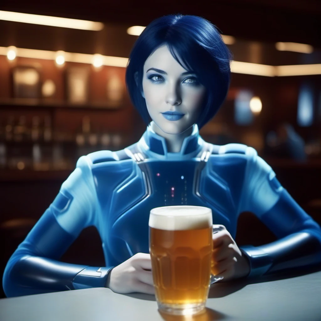 cinematic photo 1girl, short hair, blue skin, science fiction, having a beer in a pub  <lora:Cortana1024:0.8> . 35mm photograph, film, bokeh, professional, 4k, highly detailed