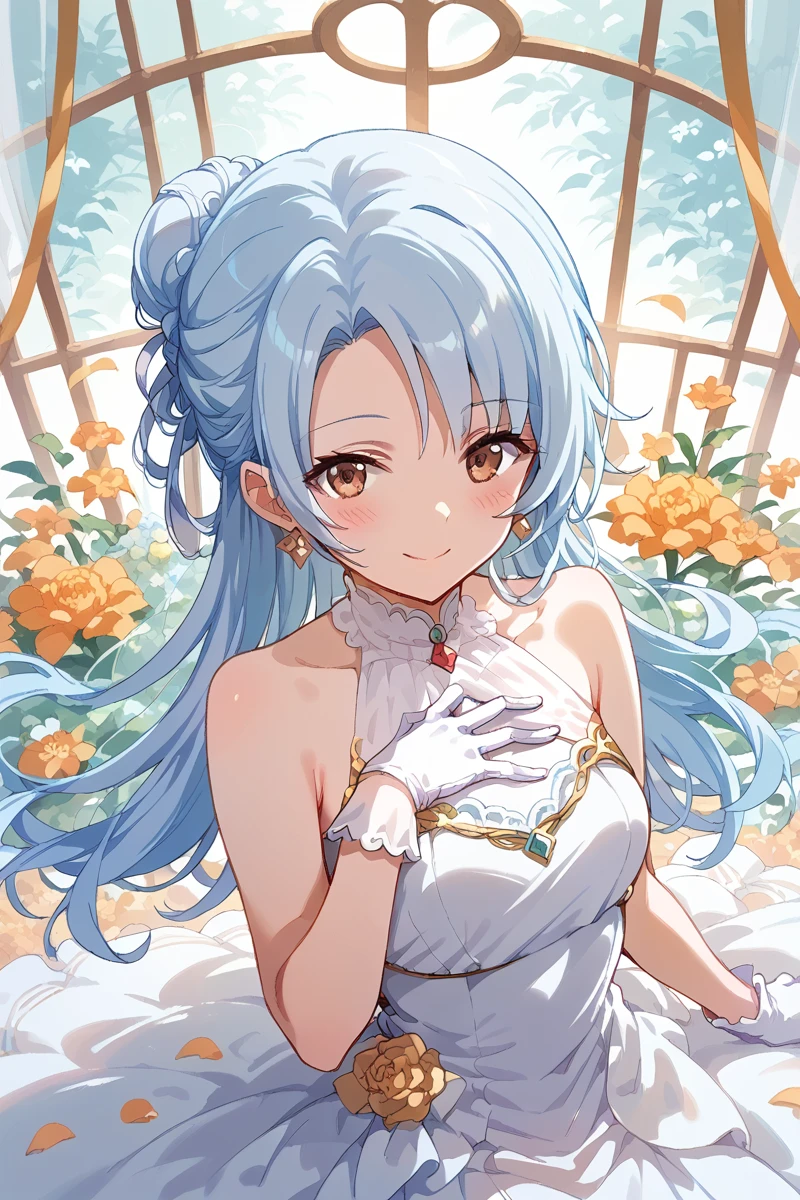 score_9, score_8_up, score_7_up, score_6_up, 1girl,
 <lora:Shiro_Ogami:0.9> shiro, dress, solo, gloves, flower, white gloves, hair bun, white dress, looking at viewer, jewelry, brown eyes, blue hair, smile, blush, sleeveless dress