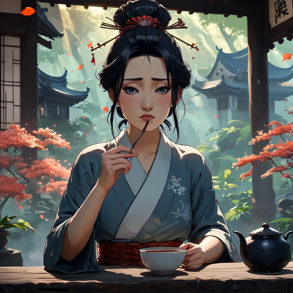 core_9, score_8_up, score_7_up, score_6_up, <lora:ArsMJStylePony_-_Anime_C:0.8> ArsMJStyle, AnimeC, Magical tea ceremony in ancient temple garden. Shapeshifting tanuki serving tea, hidden yokai peeking from foliage. Blue-eyed samurai guest in formal attire. Ghibli-esque exaggerated expressions, lush vegetation, soft dappled sunlight.