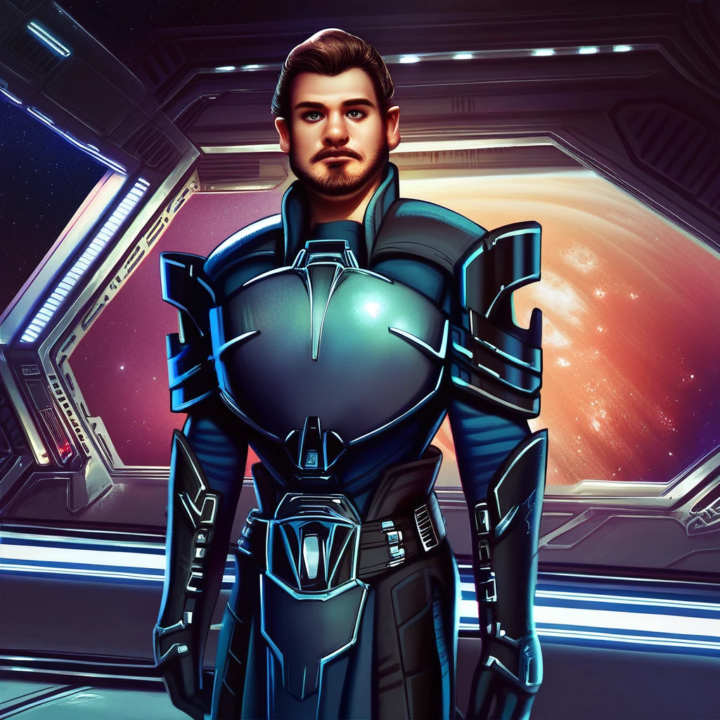 score_9, score_8_up, score_7_up, Resilient-Warden, Star Wars, solo, looking at viewer, brown hair, 1boy, male focus, armor, facial hair, science fiction, realistic, space, power armor, spacecraft, sensitive